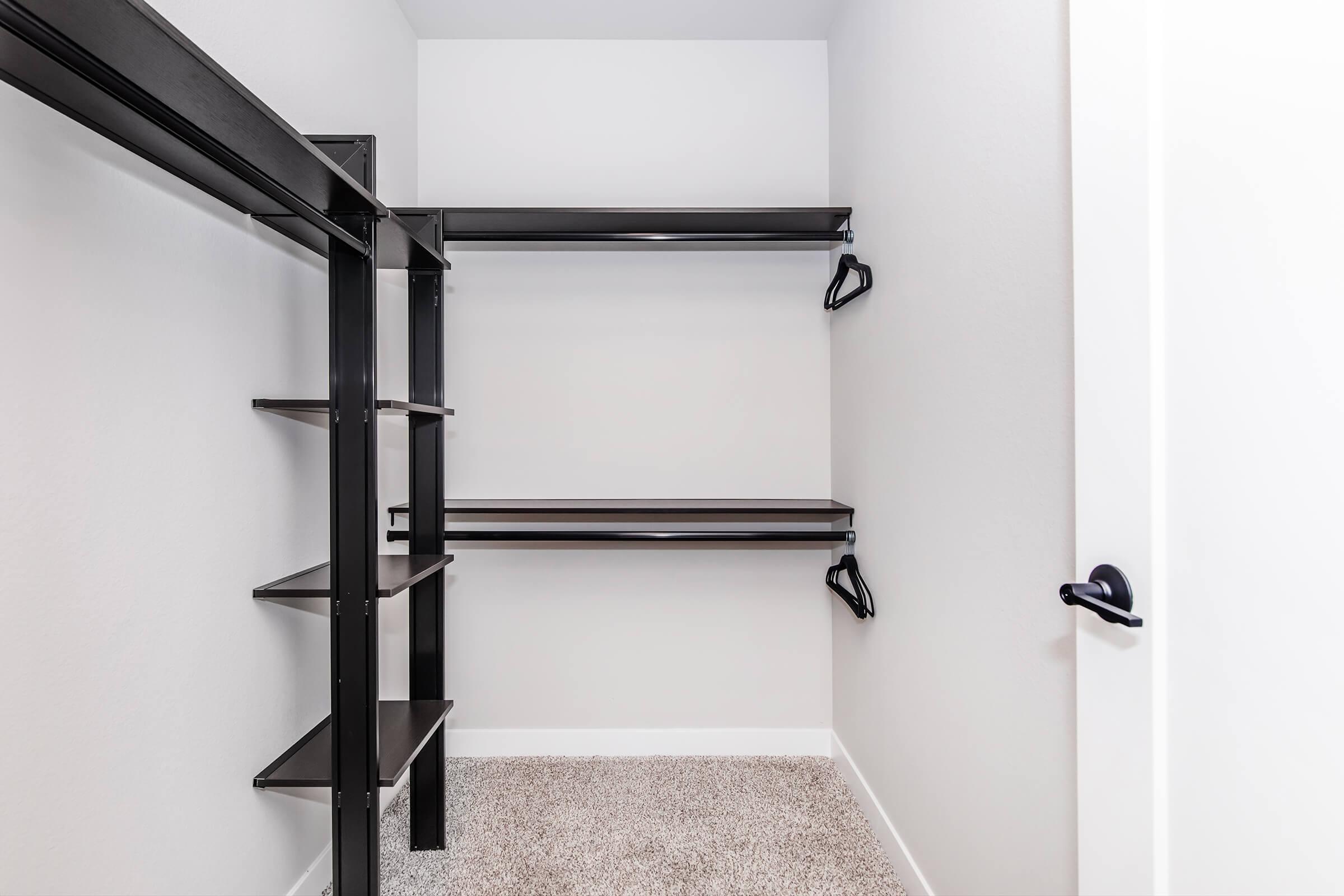 An empty walk-in closet featuring black shelving and hanging space against a light gray wall. The floor is covered with beige carpet, adding a soft texture to the space. A closed white door is visible on the right side, completing the minimalist design of the closet.