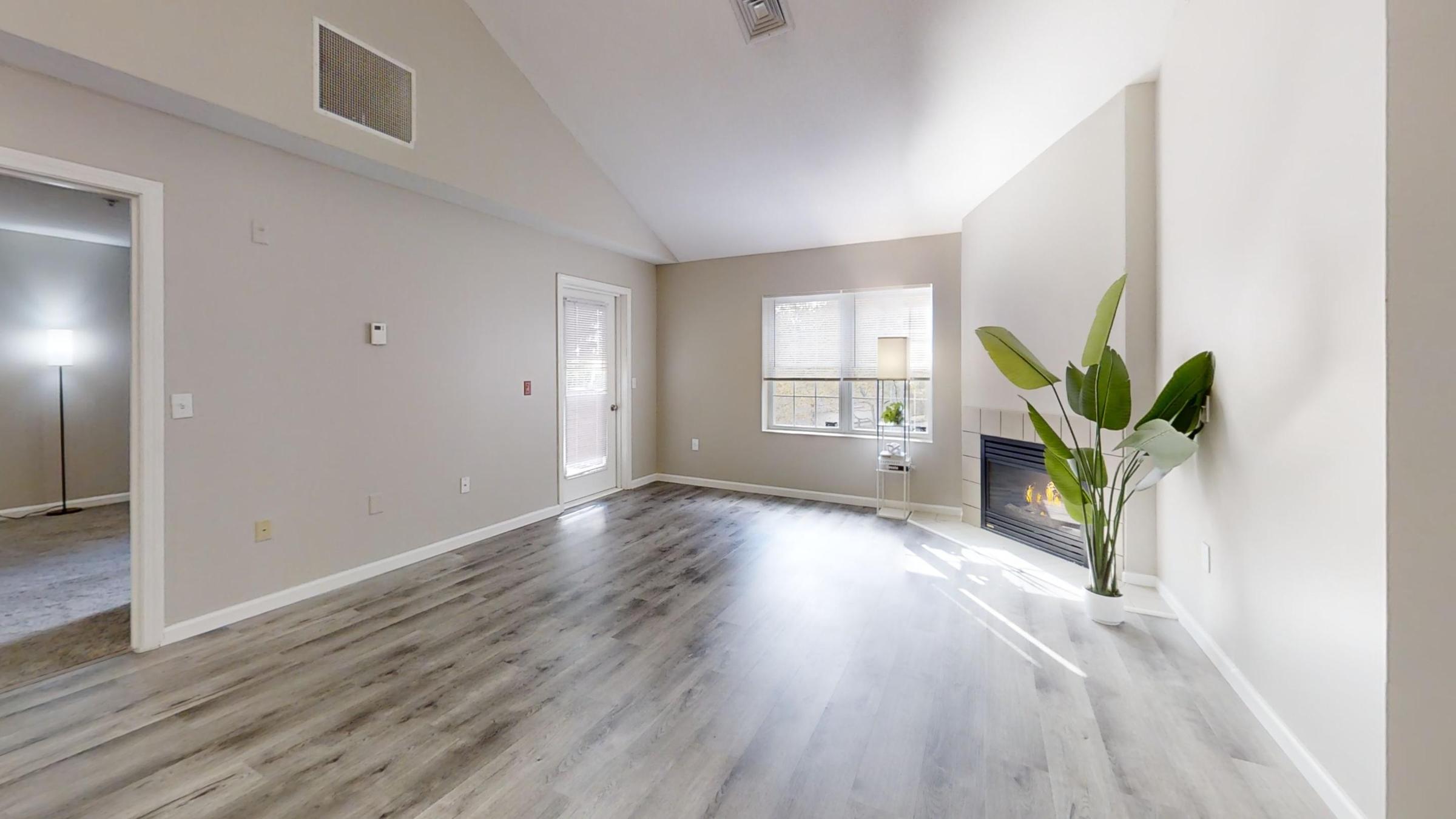A spacious, brightly lit living room featuring light-colored walls, a vaulted ceiling, and wood-look flooring. A green potted plant is placed near a window, and a fireplace is situated on one wall. The room is unfurnished, creating an open, airy atmosphere. Natural light streams in through the window.