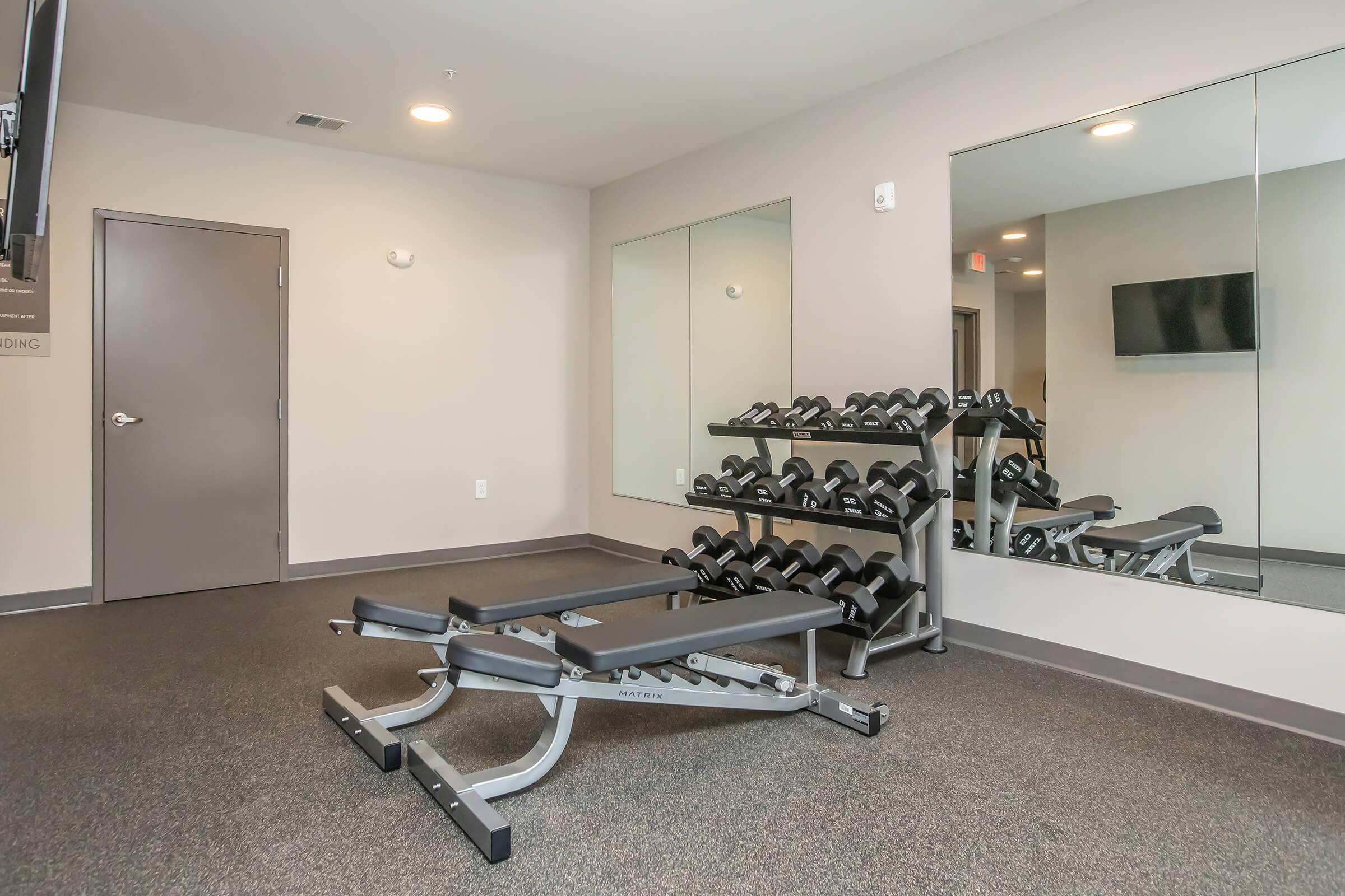 A modern gym interior featuring a bench press, a rack of dumbbells, and mirrors on the wall. The room has neutral-colored walls, soft lighting, and a flat-screen TV mounted on one wall, creating a clean and functional workout space.