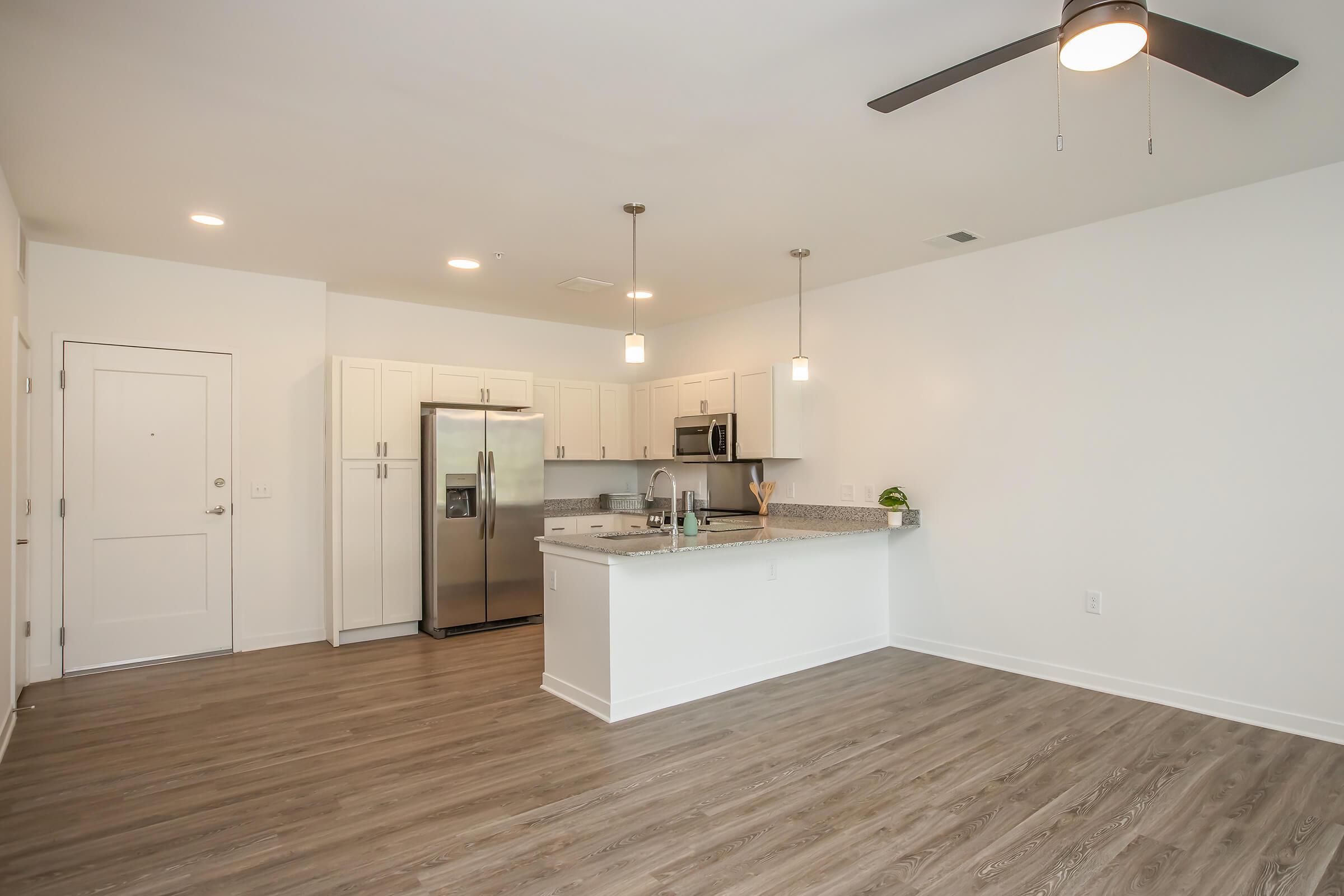 Modern kitchen and living area featuring stainless steel appliances, granite countertops, and ample cabinetry. The space has light-colored wood flooring and a ceiling fan, with bright lighting from multiple fixtures. A door leads to the entrance, creating an open and inviting atmosphere.