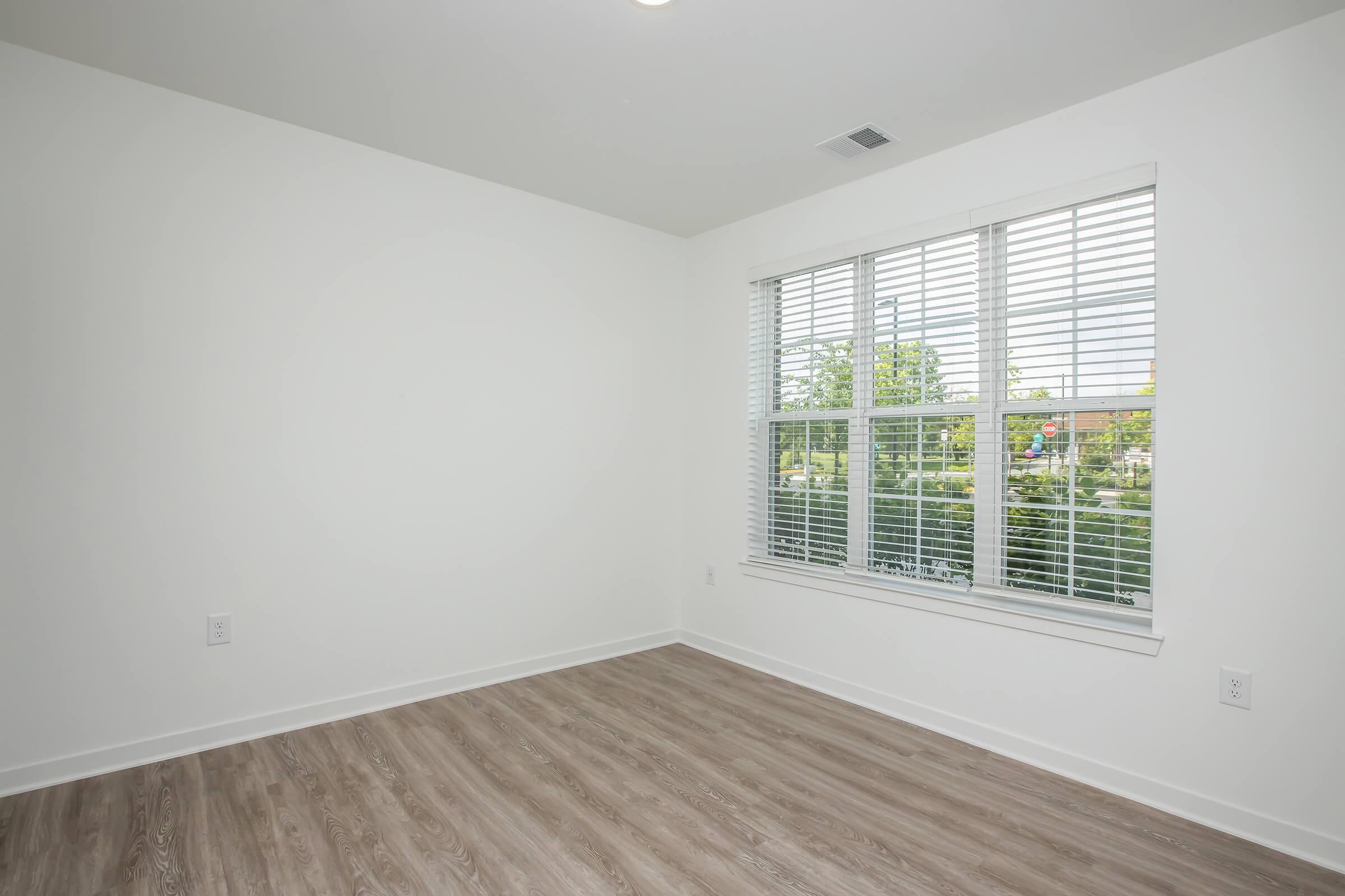 A bright, empty room with white walls and wooden flooring. It features a large window with white blinds that lets in natural light, overlooking greenery outside. The space is uncluttered, offering a clean, modern aesthetic, suitable for various purposes such as a living area or office.