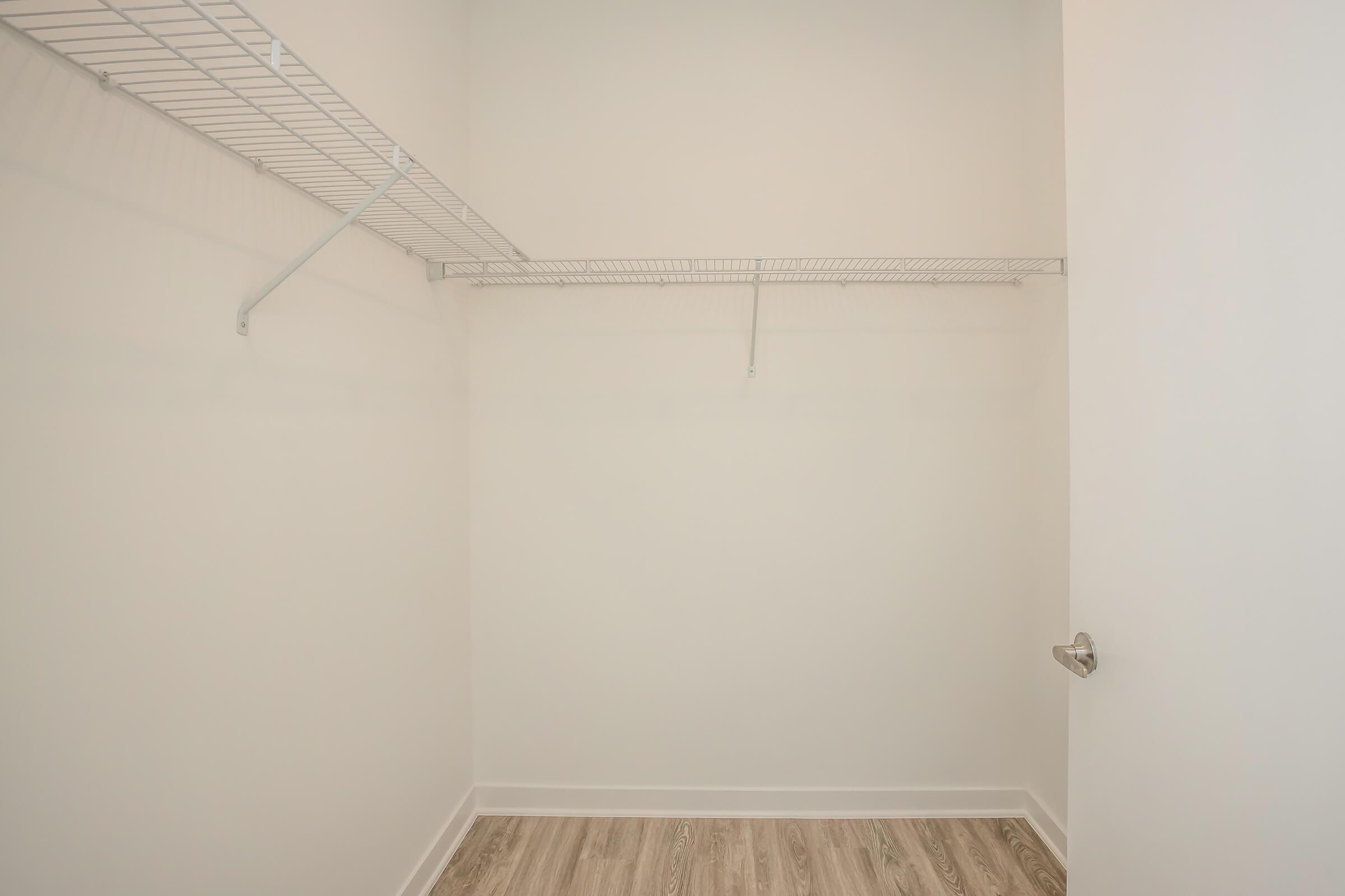 Empty closet with white wire shelving and light-colored walls, featuring a light wood floor. The space is clear and minimalistic, showcasing ample room for storage. A door is partially visible on the right side.