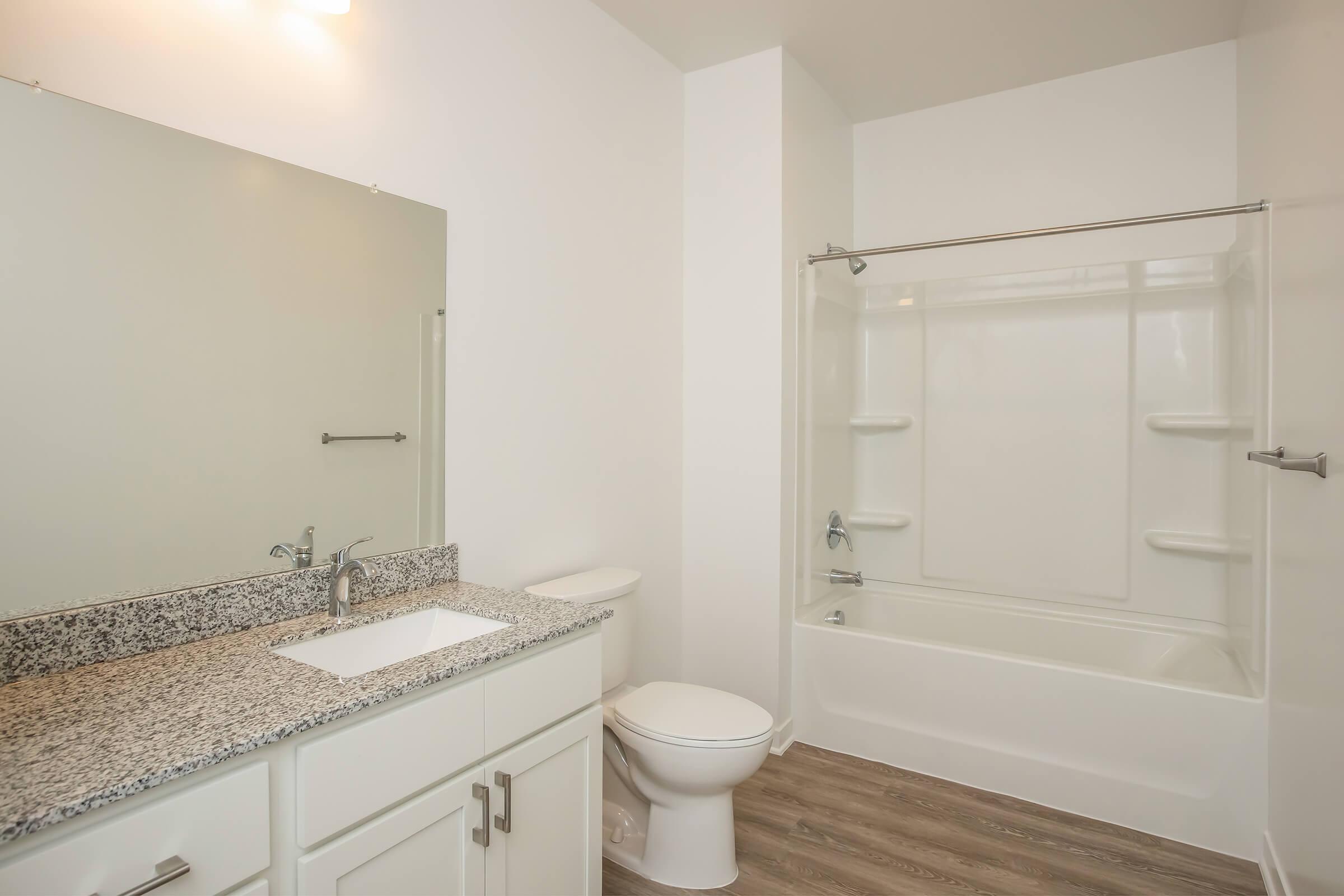 Bright and modern bathroom featuring a granite countertop sink, a toilet, and a bathtub with a shower. The walls are painted white, and the flooring is wood-like. A large mirror above the sink adds to the spacious feel of the room.