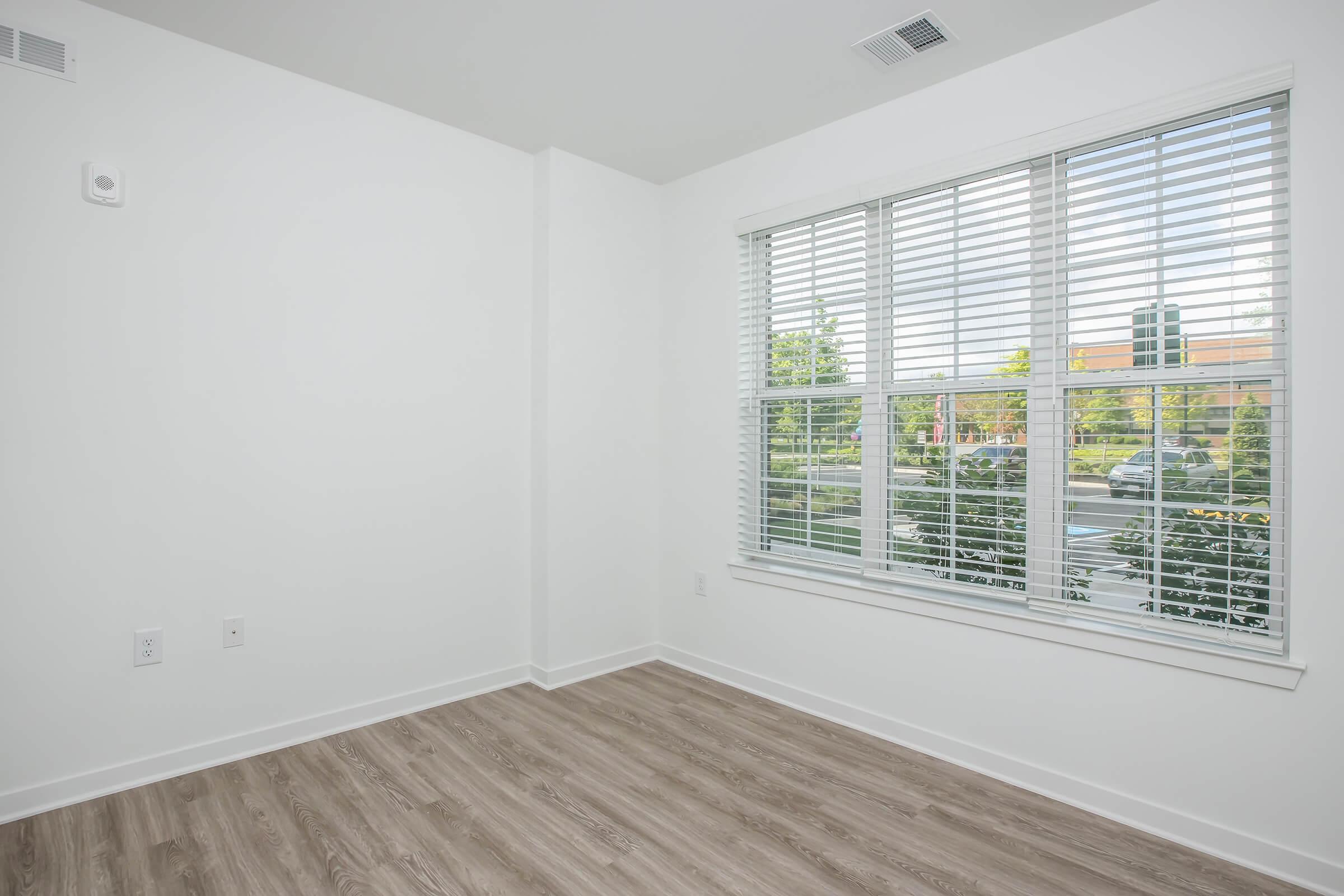 A bright, empty room featuring light-colored walls and a wooden floor. A large window with white blinds allows natural light to fill the space, and greenery is visible outside. The room has a minimalist design with no furniture or decorations, creating a clean and open atmosphere.