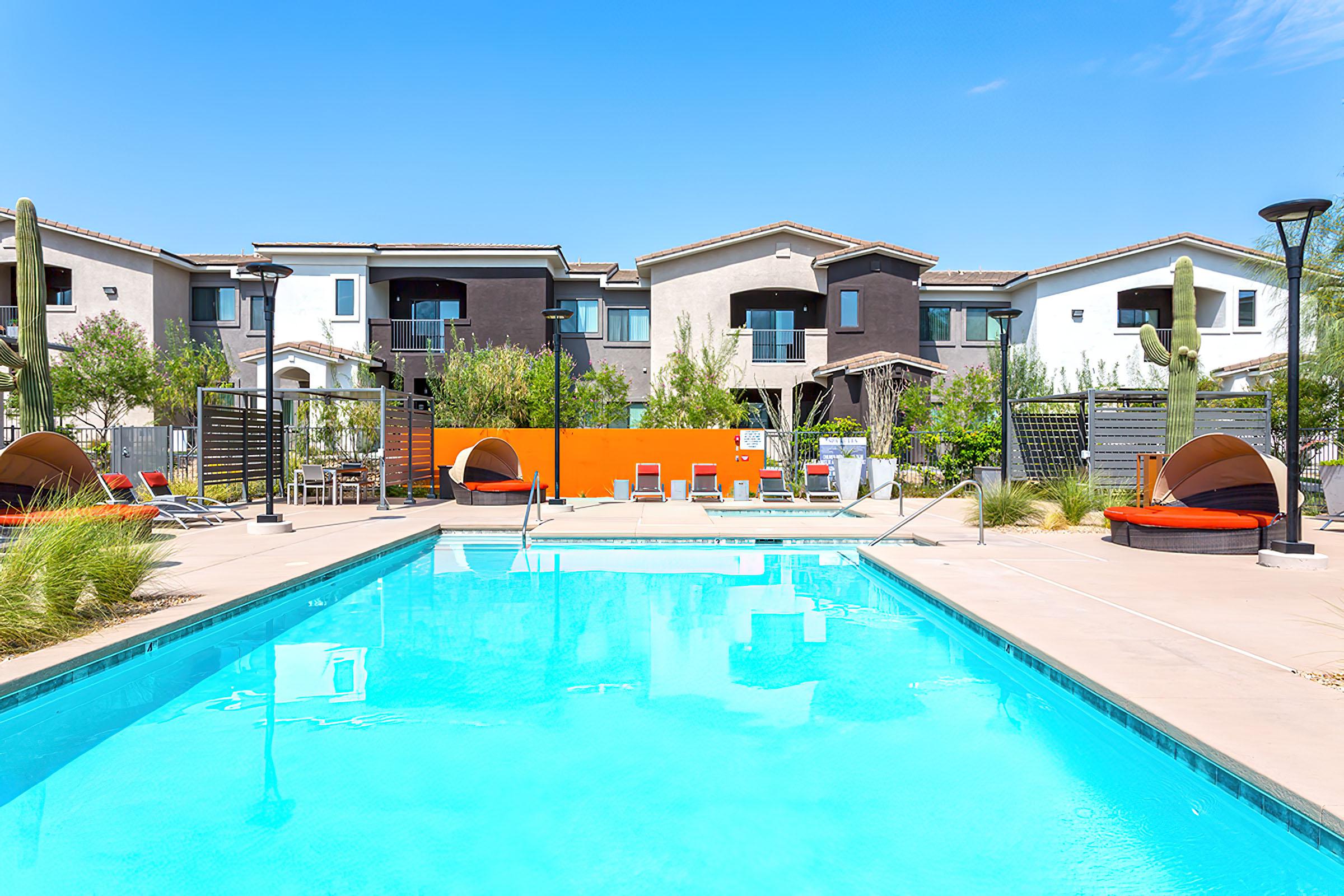 a pool next to a building