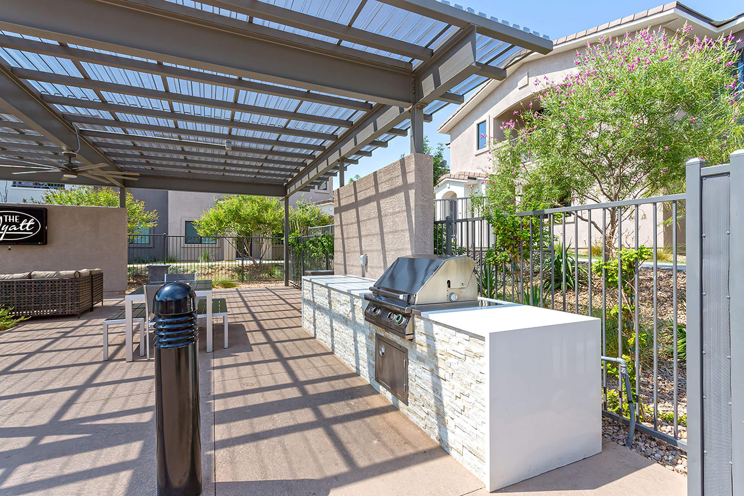 a building with a metal fence