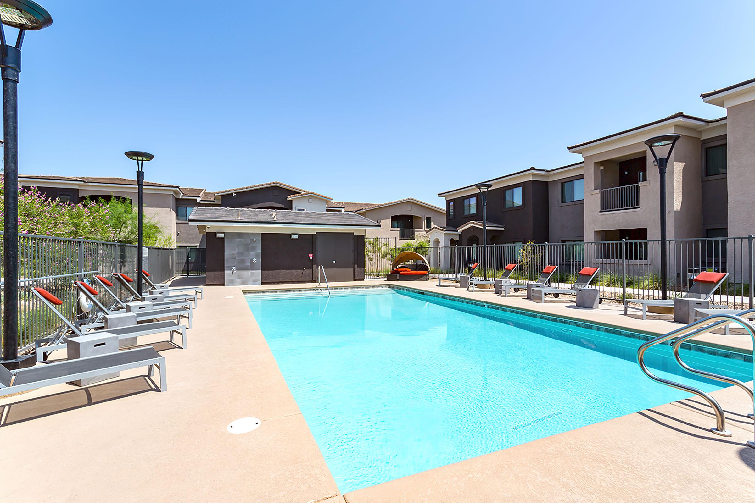 a pool next to a building