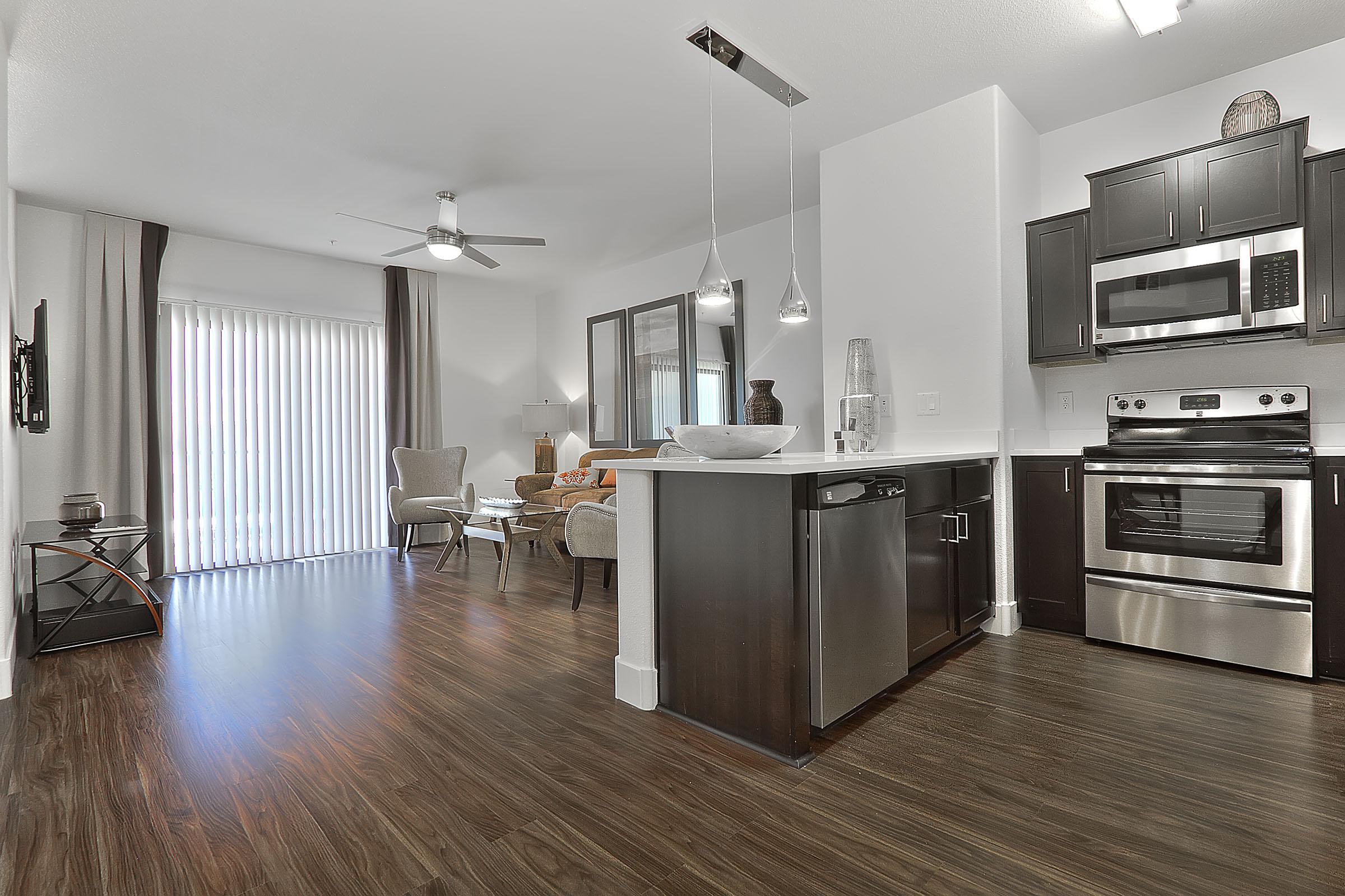 a room filled with furniture and a stove