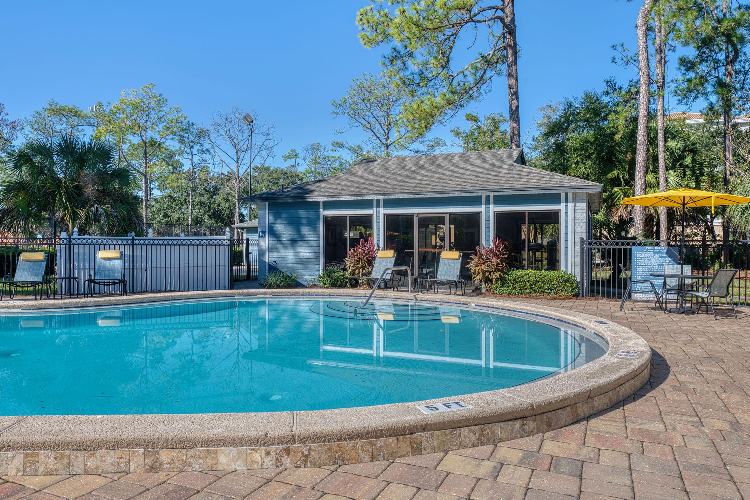 A clear blue swimming pool with lounge chairs around the edge, surrounded by lush greenery and palm trees. In the background, there is a small building with large windows, and an umbrella beside the pool. The atmosphere is bright and inviting, suggesting a relaxing outdoor space.
