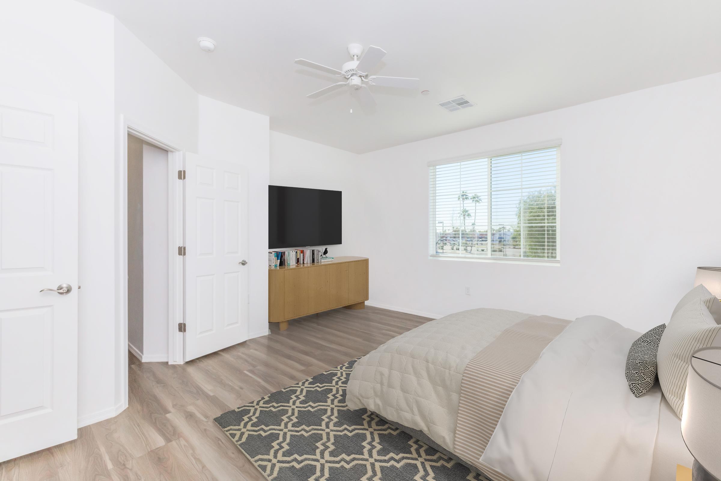 A modern bedroom featuring a large bed with a textured blanket, a stylish area rug, and a flat-screen TV mounted on a wooden cabinet. A window with blinds allows natural light in, revealing palm trees outside. Two doors provide access to the room, and the walls are painted in light colors for a spacious feel.