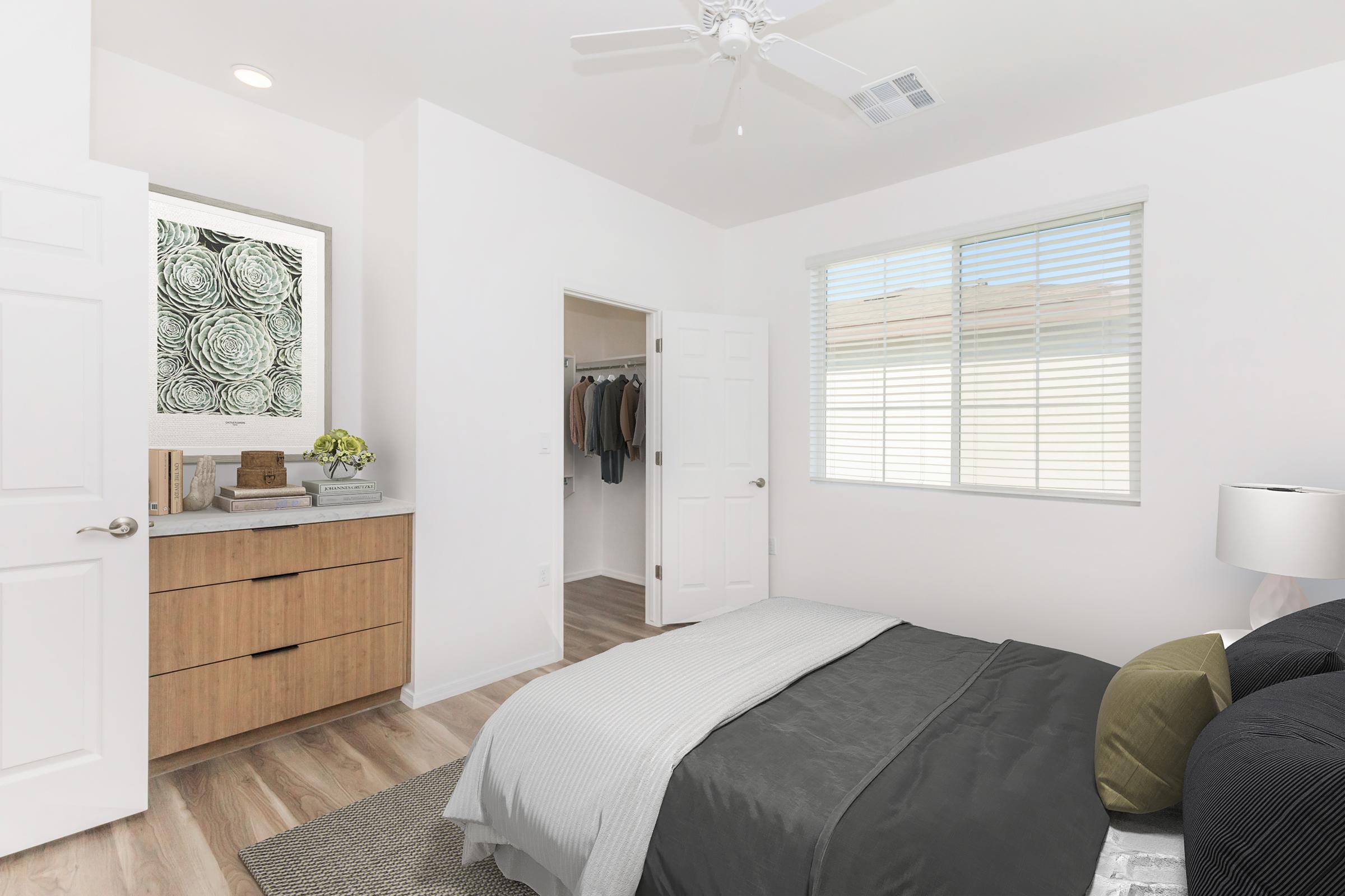 A modern bedroom featuring a bed with gray bedding, a textured rug, and a bedside lamp. A closet is visible in the background, and a large mirror with a floral design is mounted on the wall above a dresser. Bright natural light illuminates the space through a window with white blinds.