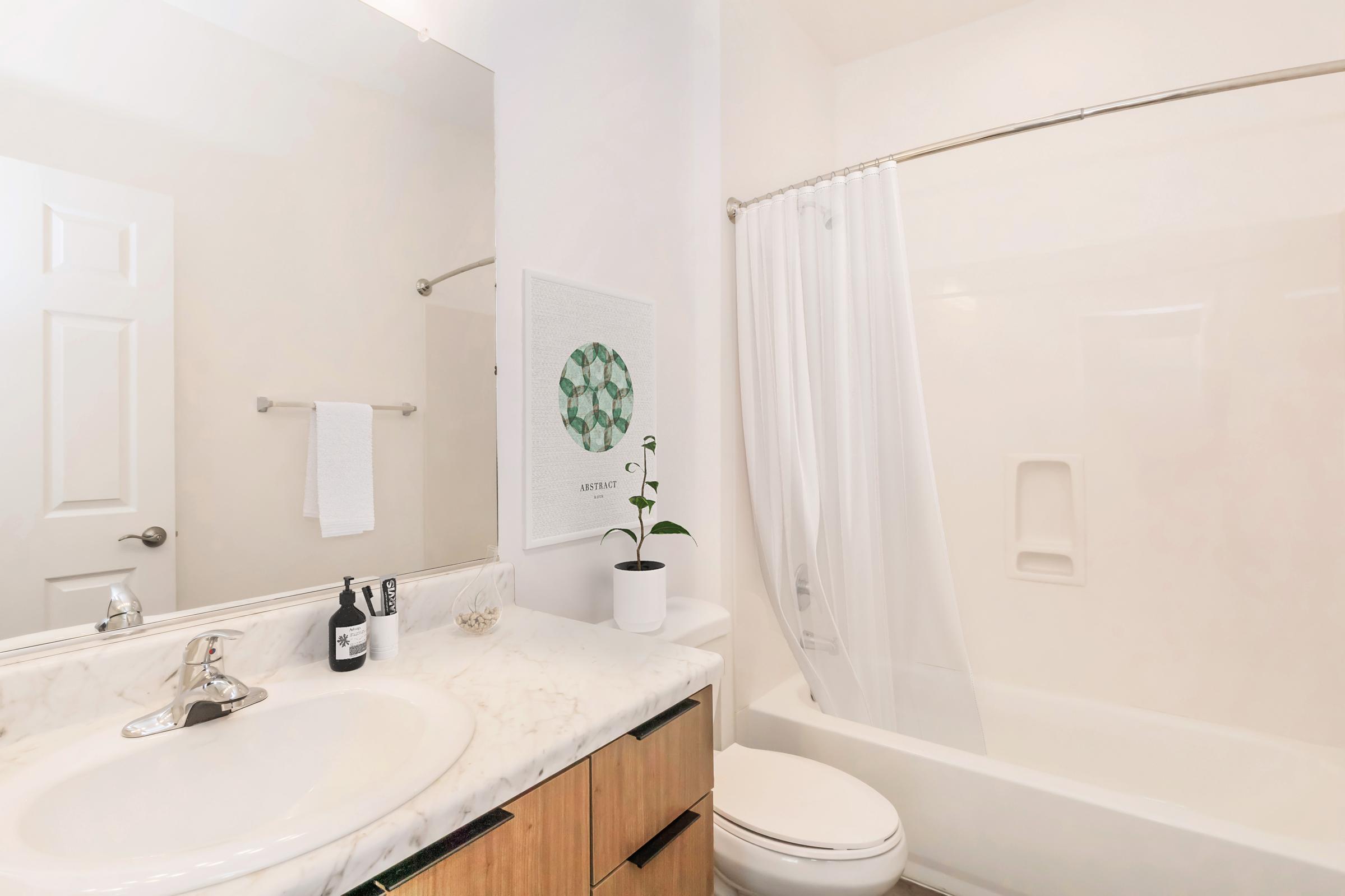 A modern bathroom featuring a white bathtub with a shower curtain, a marble countertop sink with stylish black soap and lotion dispensers, and a decorative plant. A piece of artwork with a green geometric design is mounted on the wall, contributing to a clean and minimalist aesthetic.