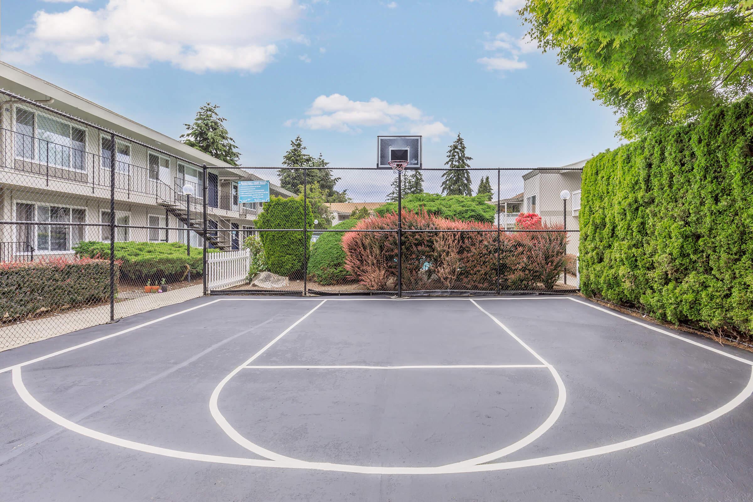 A basketball court enclosed by a fence, featuring a hoop at one end. The surface is black with white markings, including a three-point line. Surrounding the court are green shrubs and trees, with a few apartment buildings visible in the background under a clear blue sky.
