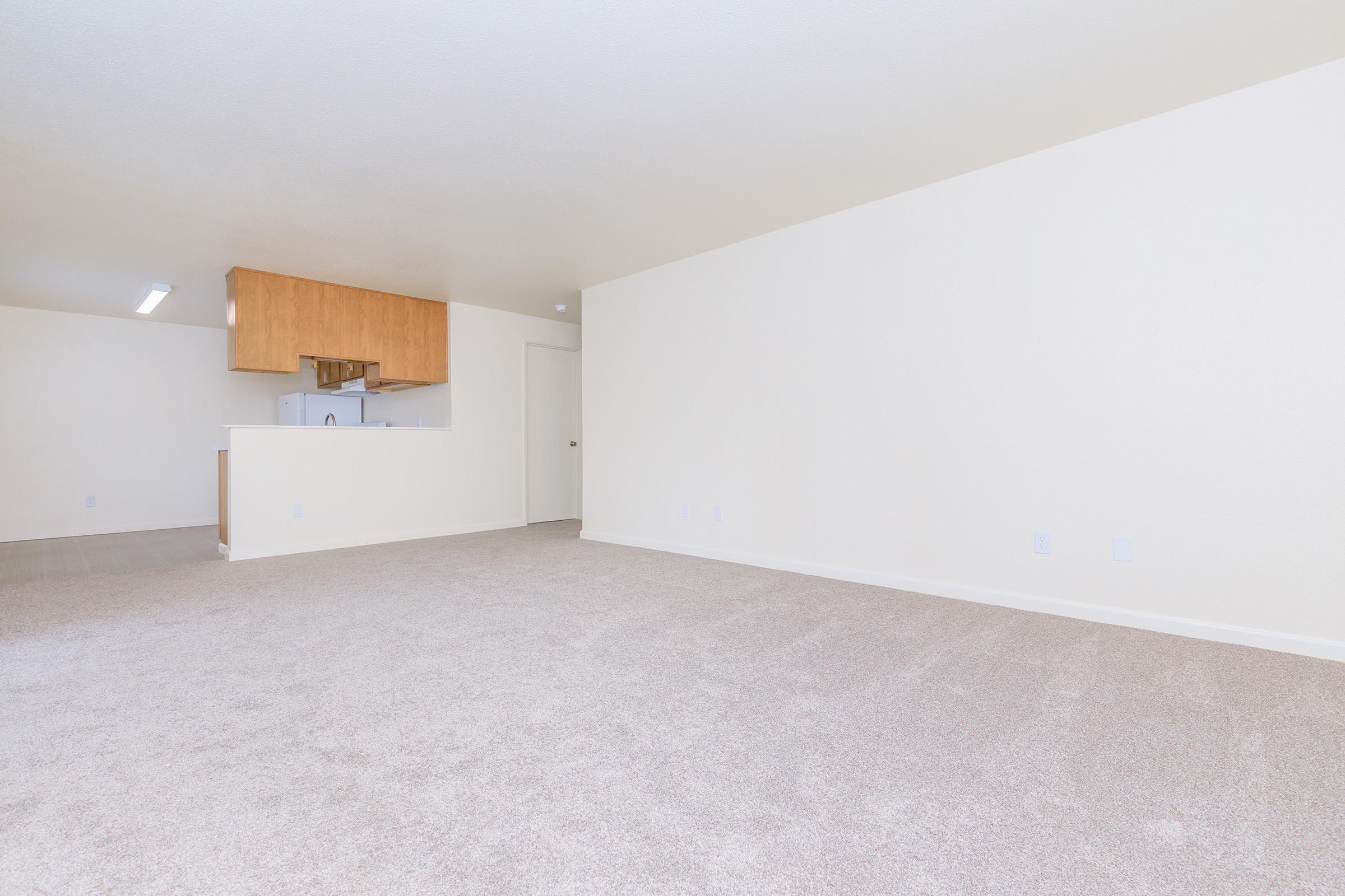 A spacious, empty room with light beige walls and a tan carpet. A kitchen area is partially visible through an opening in a wooden cabinetry unit. Natural light comes from a ceiling fixture, illuminating the clean and minimalist space, perfect for customization or decoration.