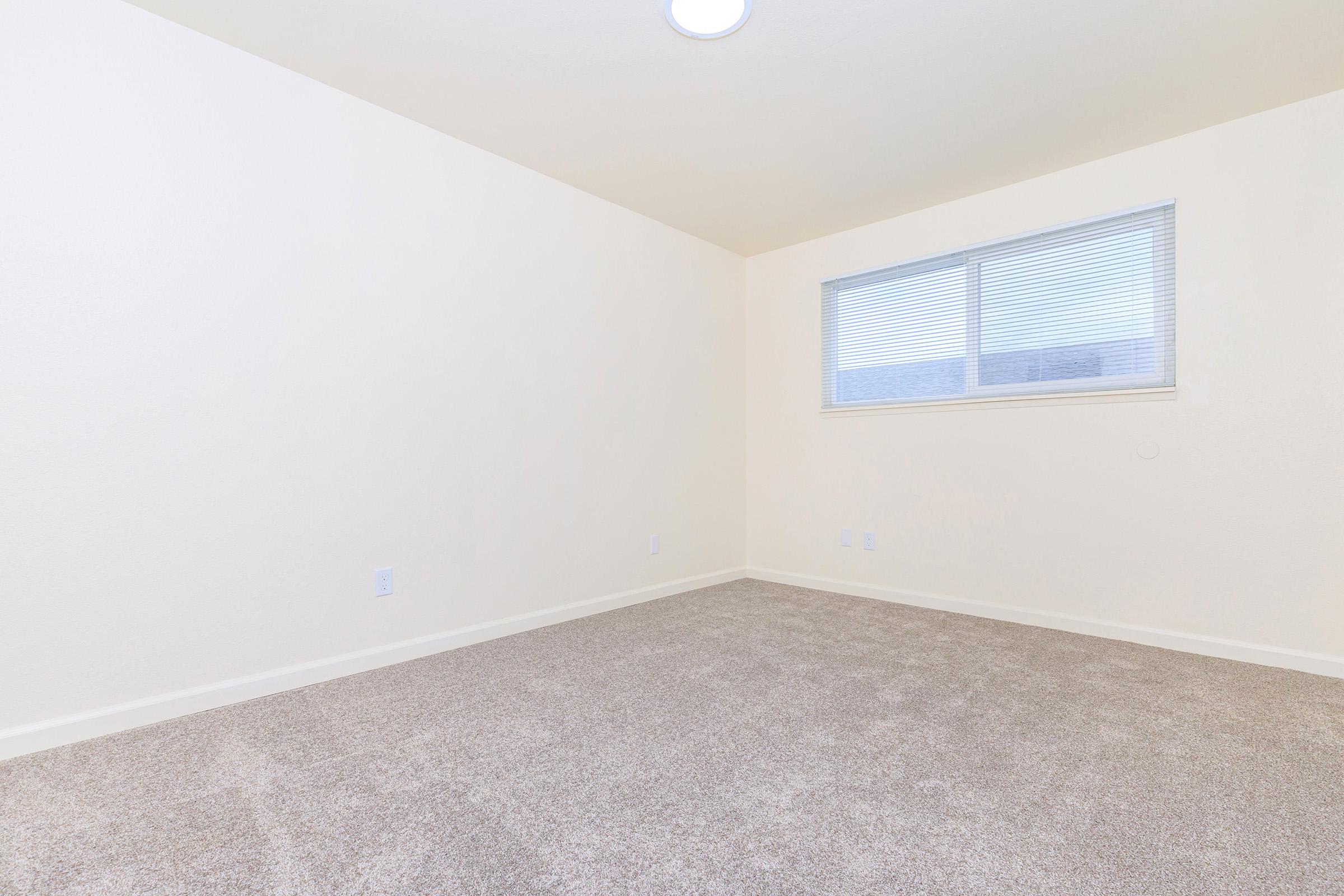 A spacious, empty room with light-colored walls and beige carpet. A single window with blinds allows natural light to enter, illuminating the room's neutral tones. The space is uncluttered, providing a blank canvas for future decor.