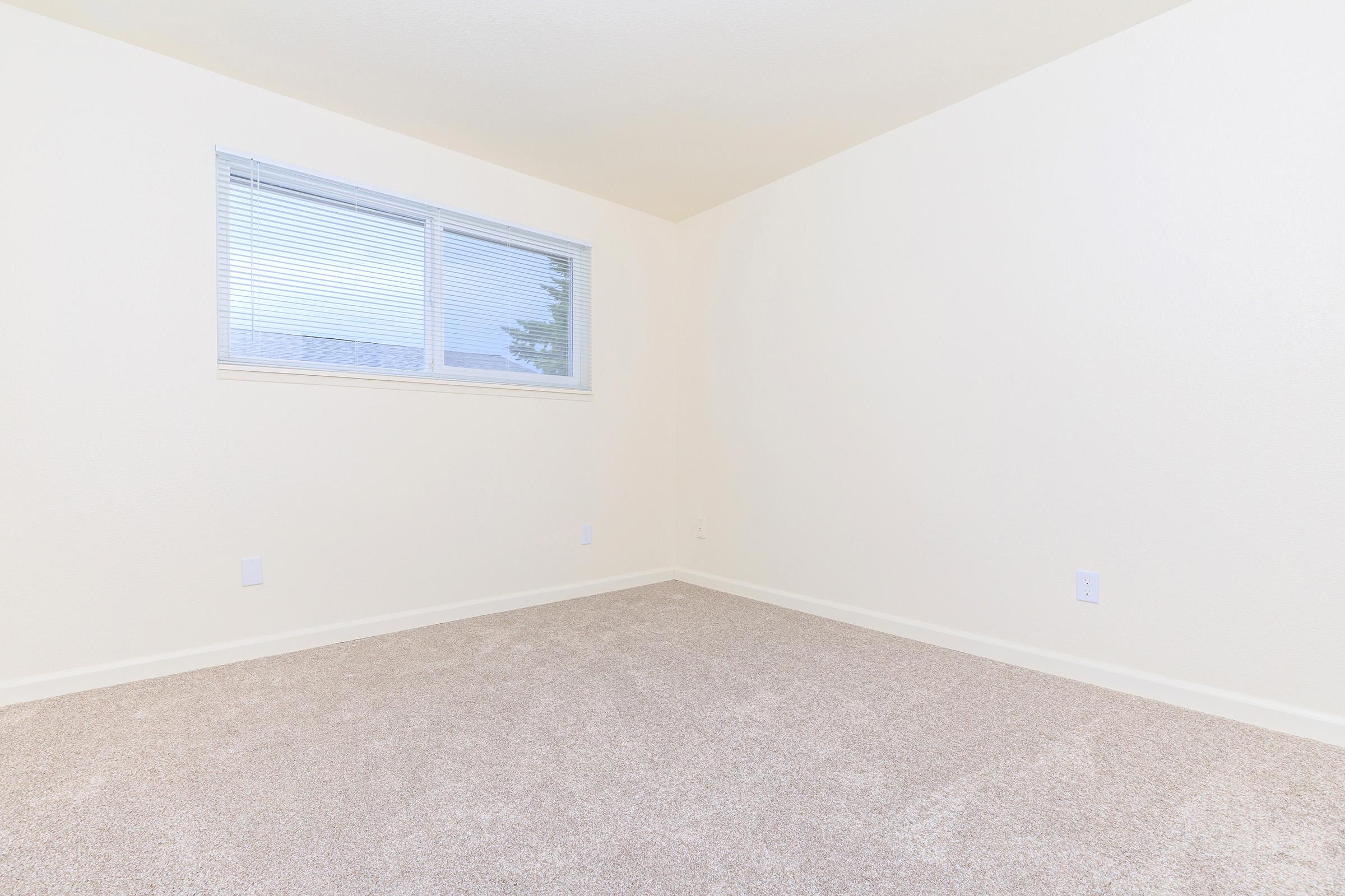 Empty room with beige walls and carpet. A single window with blinds lets in natural light. The space is unfurnished, creating a minimalistic and clean appearance, ideal for personalization or decorating.