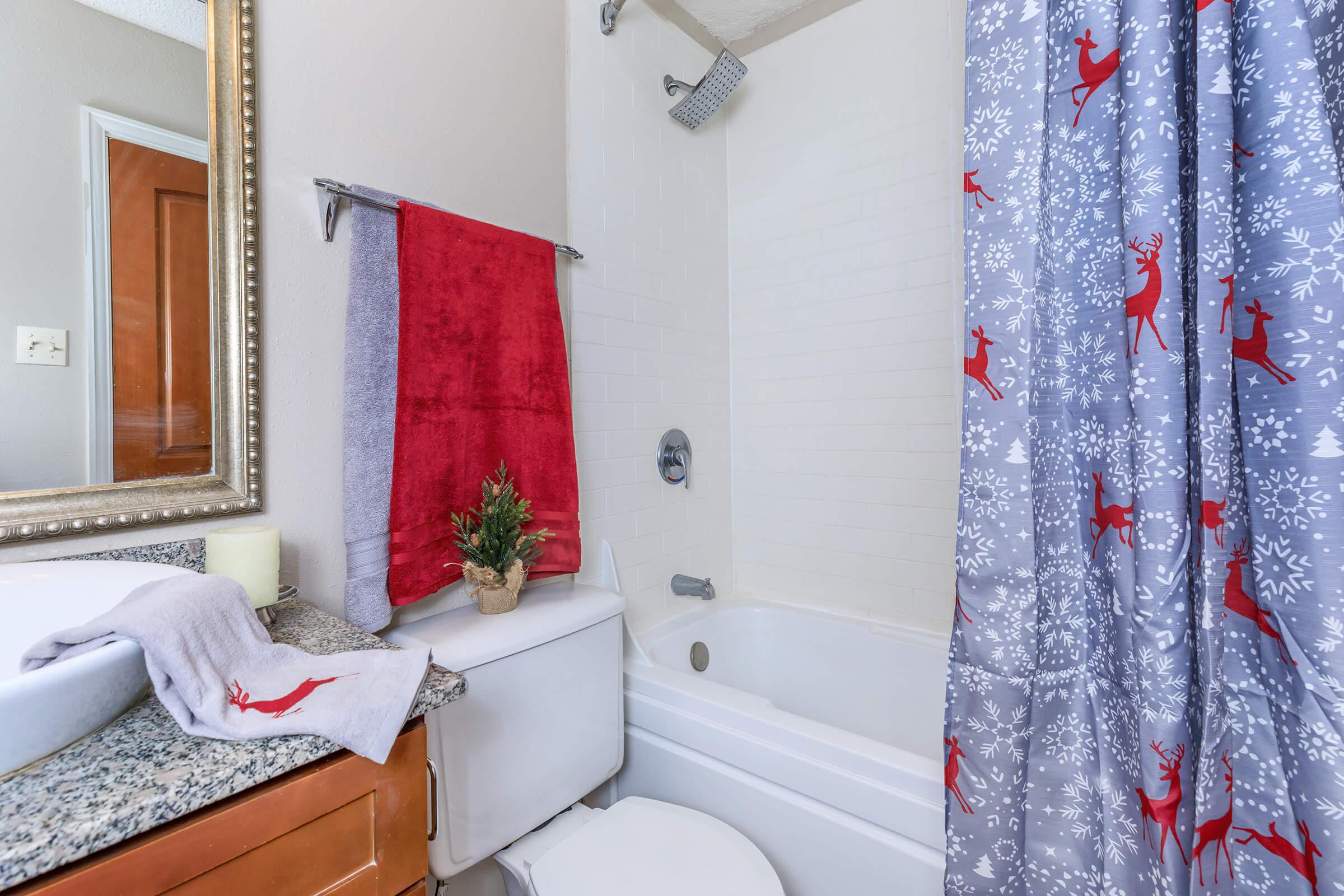 a bedroom with a shower curtain