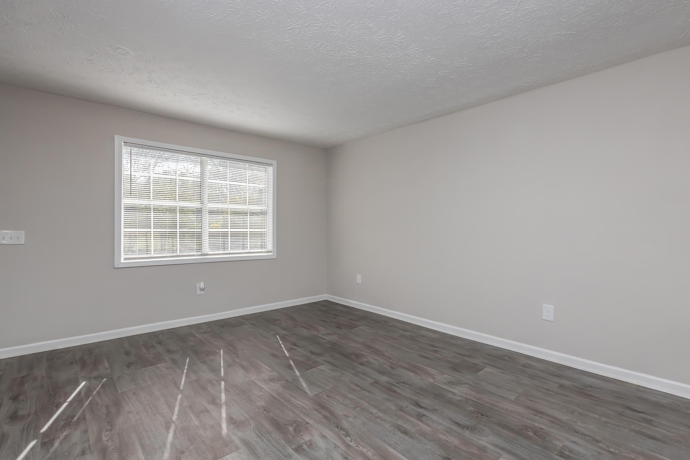 A bright, empty room with light gray walls and a window featuring white blinds. The floor is a wood-like laminate, and the space has minimal furnishings, creating a clean and open atmosphere. Natural light filters in from the window, enhancing the simplicity of the design.