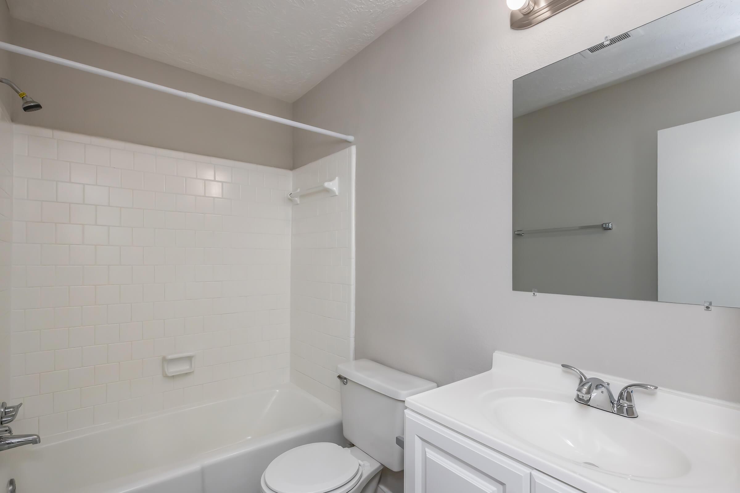 A clean and modern bathroom featuring a white bathtub with a shower, a white toilet, and a double sink vanity. The walls are painted in a light tone, and there's a large mirror above the sink, along with a simple light fixture. Natural light is minimal, creating a calm atmosphere.