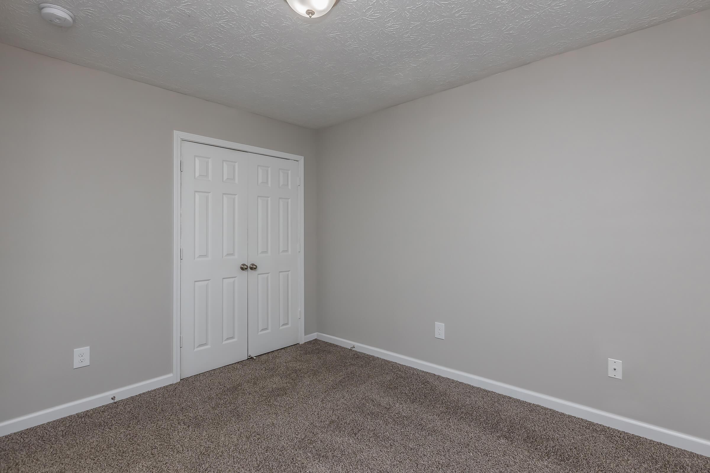 Empty room with beige carpet and light gray walls. There is a closed white door with two round knobs on the left and a ceiling light fixture above. The room has no furniture or decorations, creating a simple and minimalist appearance.