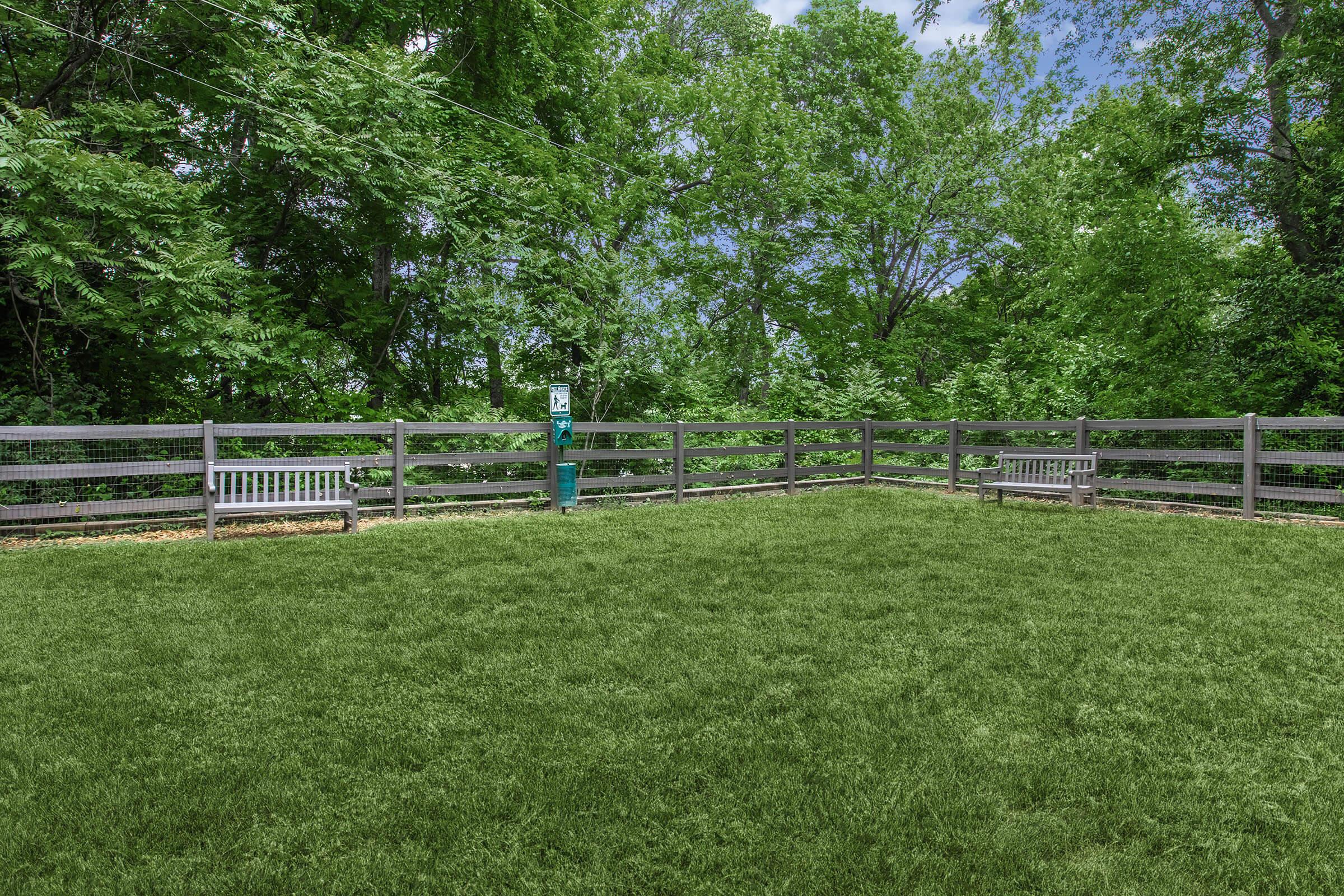 A spacious, well-maintained grassy area surrounded by a wooden fence, with benches on either side. Lush green trees in the background create a serene environment. A water station is visible, suggesting the area is meant for recreational use, possibly for walking pets or relaxation.