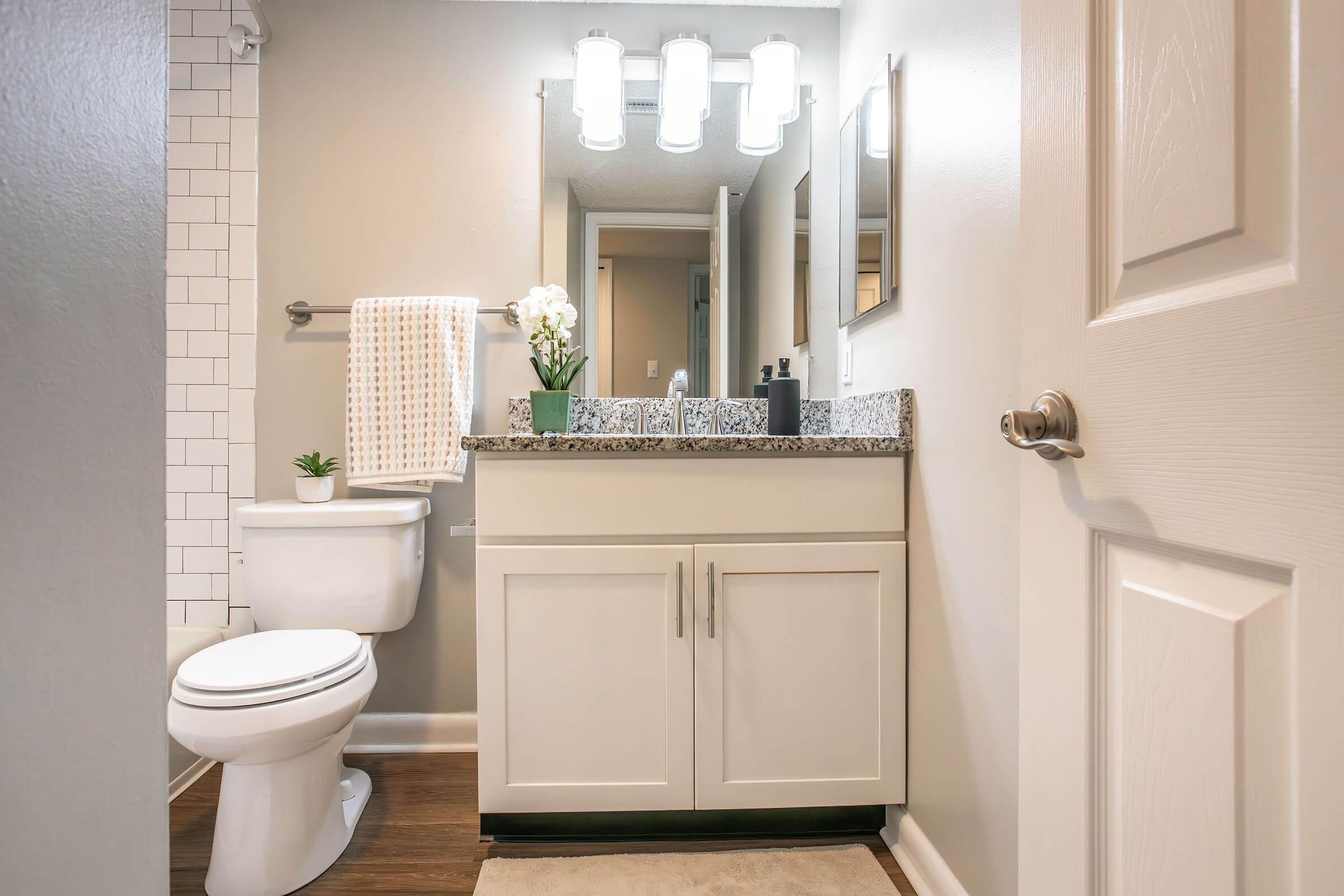 A modern bathroom featuring a white toilet, a granite countertop sink with a mirror above, and contemporary light fixtures. The decor includes a towel rack with a white towel, a small plant, and a decorative flower arrangement on the counter. Neutral wall colors and wooden flooring create a warm ambiance.