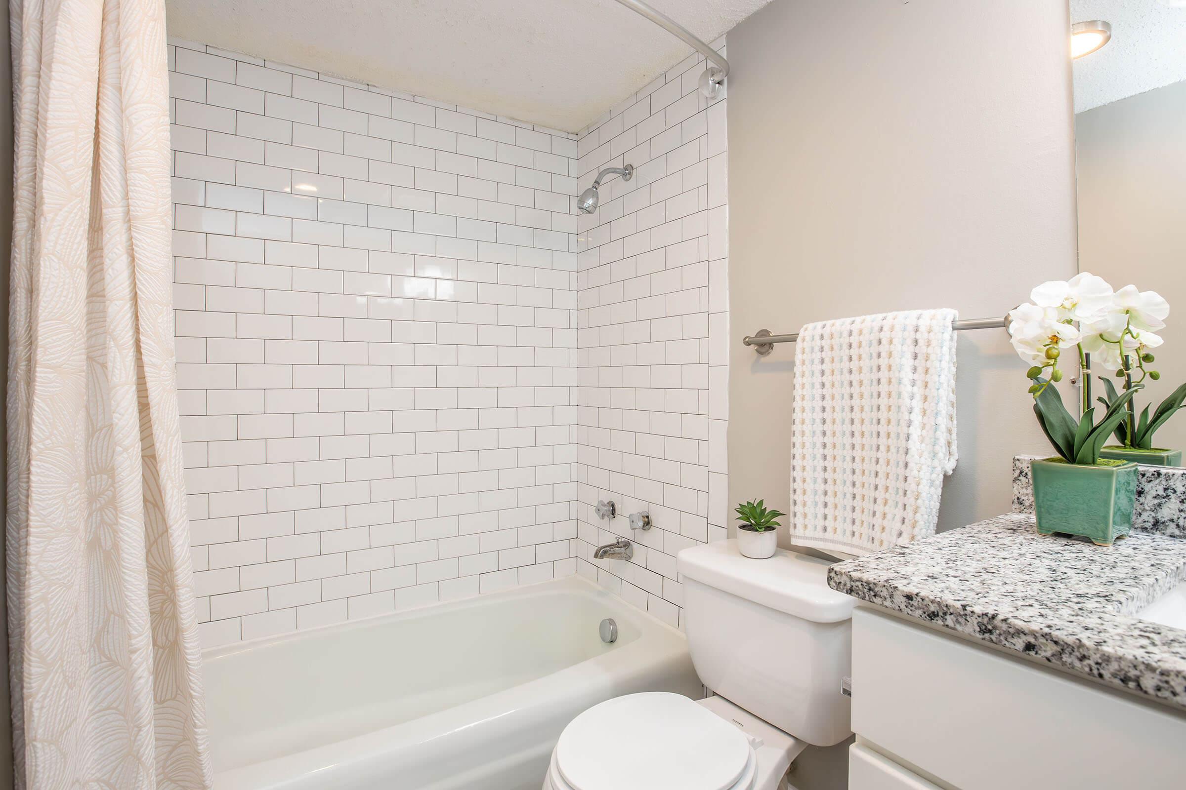 A clean bathroom featuring a white tiled shower area with a bathtub, a modern toilet, and a granite countertop. There’s a neatly arranged towel on a towel bar and a small potted plant, along with an orchid in a vase, adding a touch of greenery to the space. Bright, natural lighting enhances the overall atmosphere.