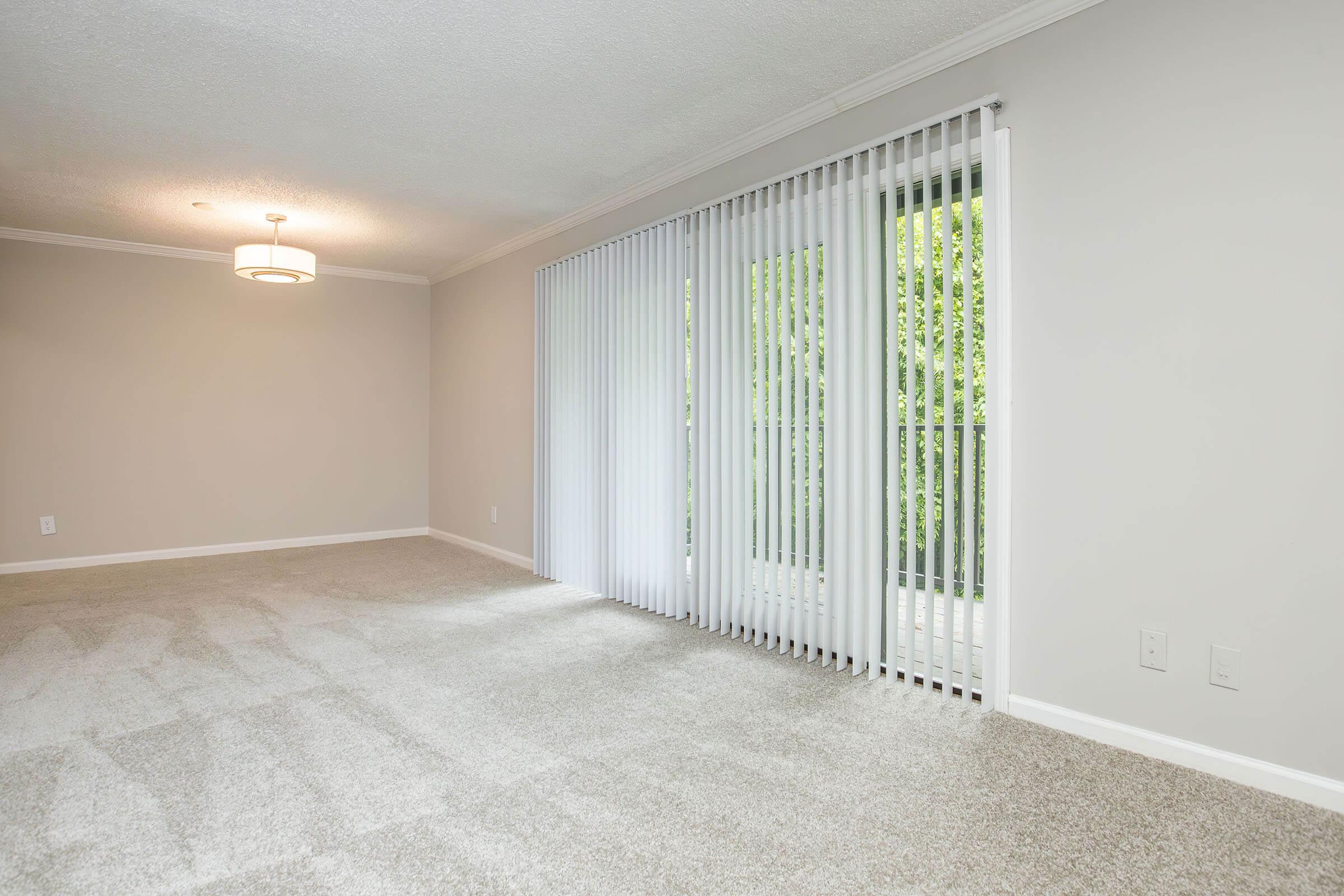 A spacious, well-lit room with light gray walls and plush carpet. It features a modern ceiling light fixture and a wall of vertical blinds leading to a balcony. The space is empty, providing a blank canvas for decoration. Natural light filters in through the blinds, creating a warm and inviting atmosphere.