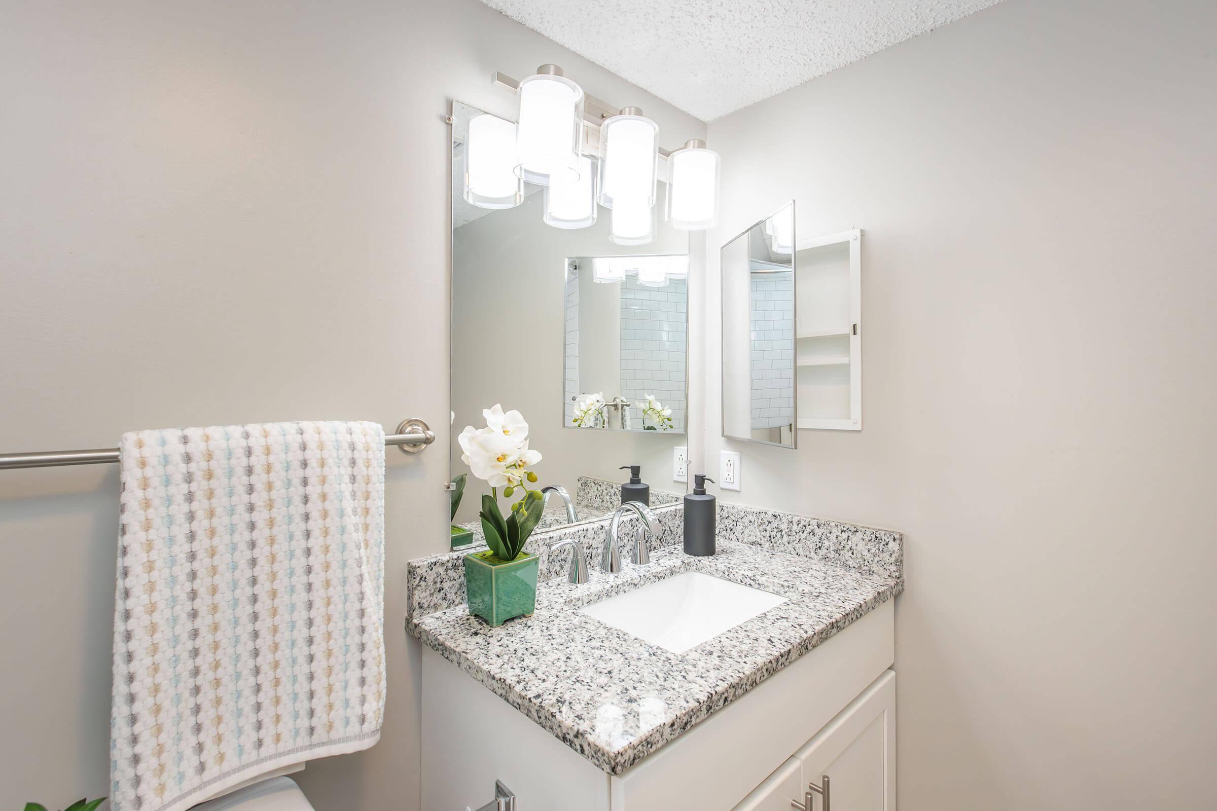 A modern bathroom with a granite countertop sink, featuring a mirrored cabinet, a small potted orchid, a black soap dispenser, and a neatly hung white and pastel-colored striped towel. Soft lighting from a fixture with four glass bulbs illuminates the space, which has light gray walls and a clean appearance.