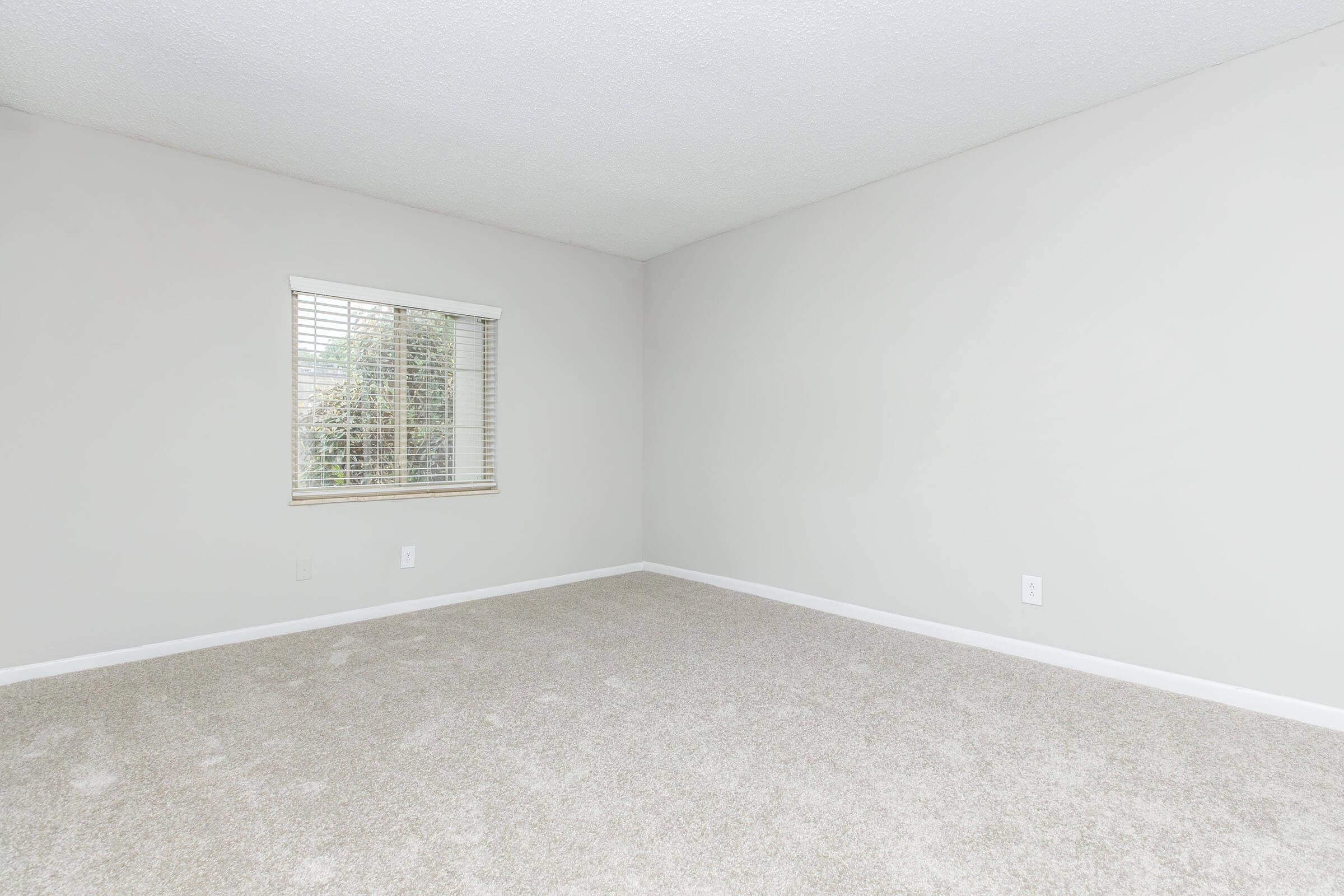 Empty room with light gray walls and beige carpet. A small window with blinds on the left side allows natural light to enter. The space is devoid of furniture, giving it a spacious and minimalistic appearance.