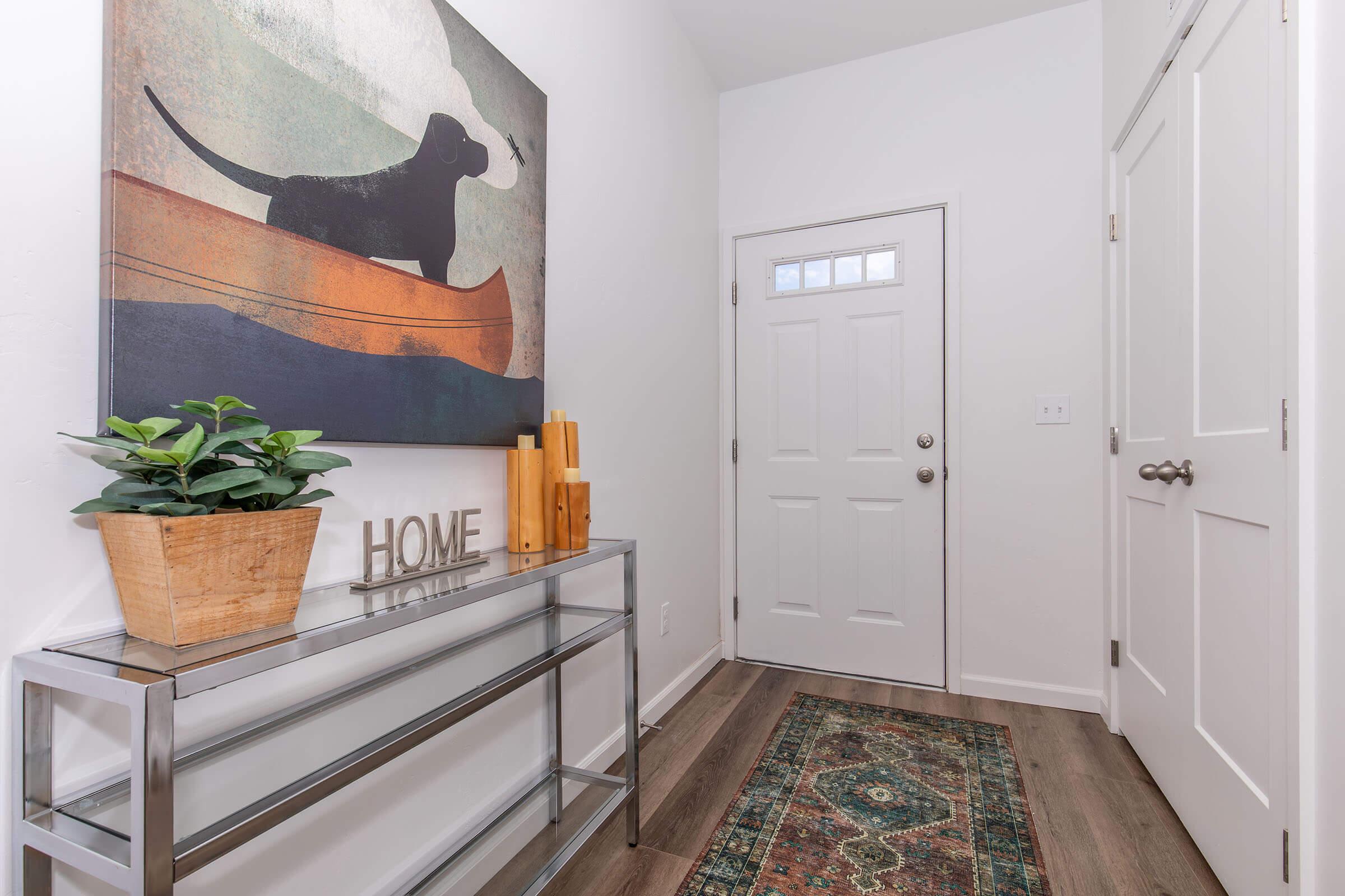 A modern entryway featuring a large painting of a dog in a canoe against a muted background. There’s a sleek silver console table with a plant and wooden decor items labeled "HOME." A decorative rug adds warmth, and a white door with a window is set against the wall. The space is bright and inviting.