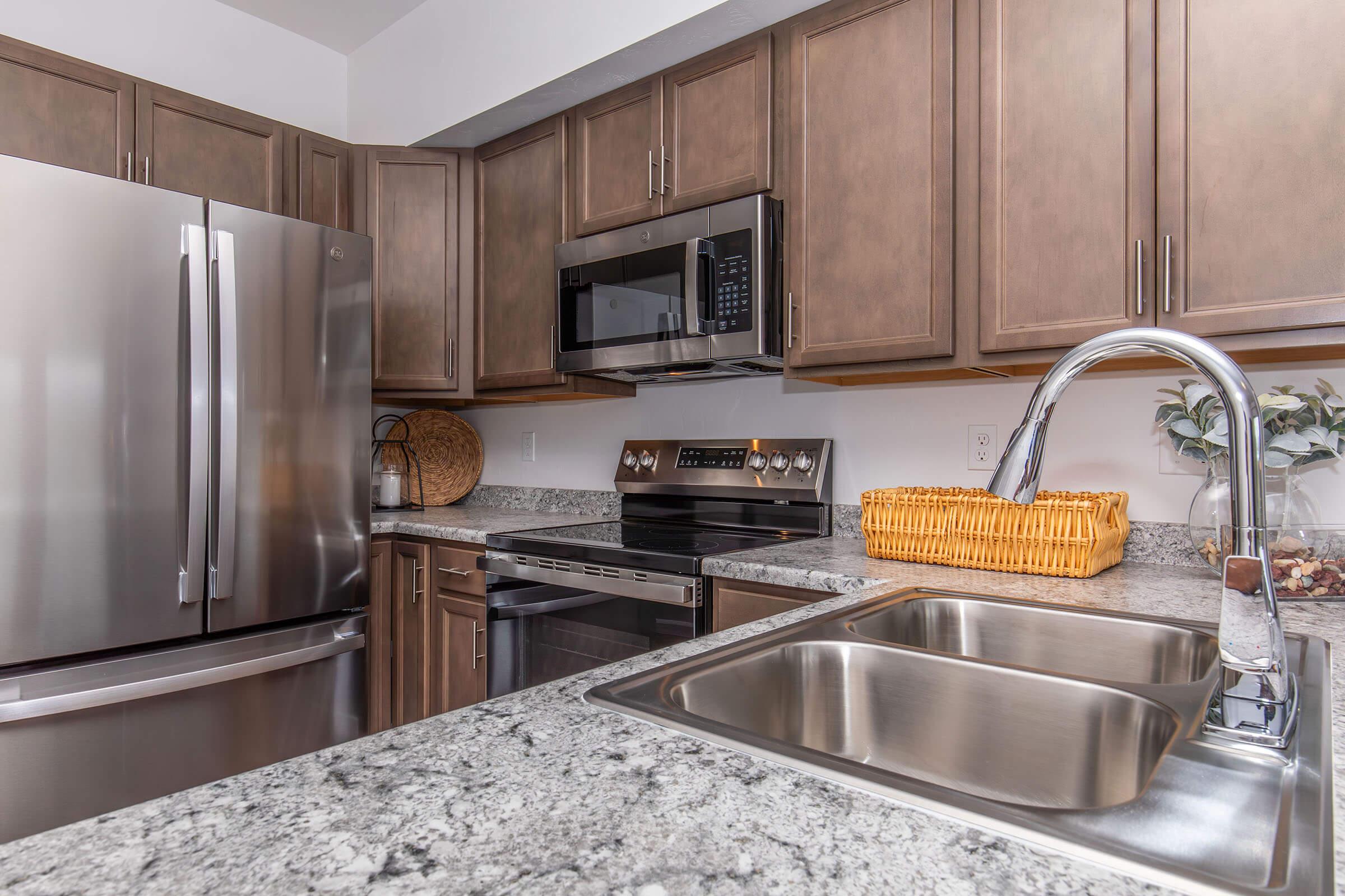 A modern kitchen featuring stainless steel appliances including a refrigerator, microwave, and oven. The countertops are made of gray speckled granite. A stainless steel sink is visible, alongside a wicker basket and potted plants for decoration. Wooden cabinets provide storage space.