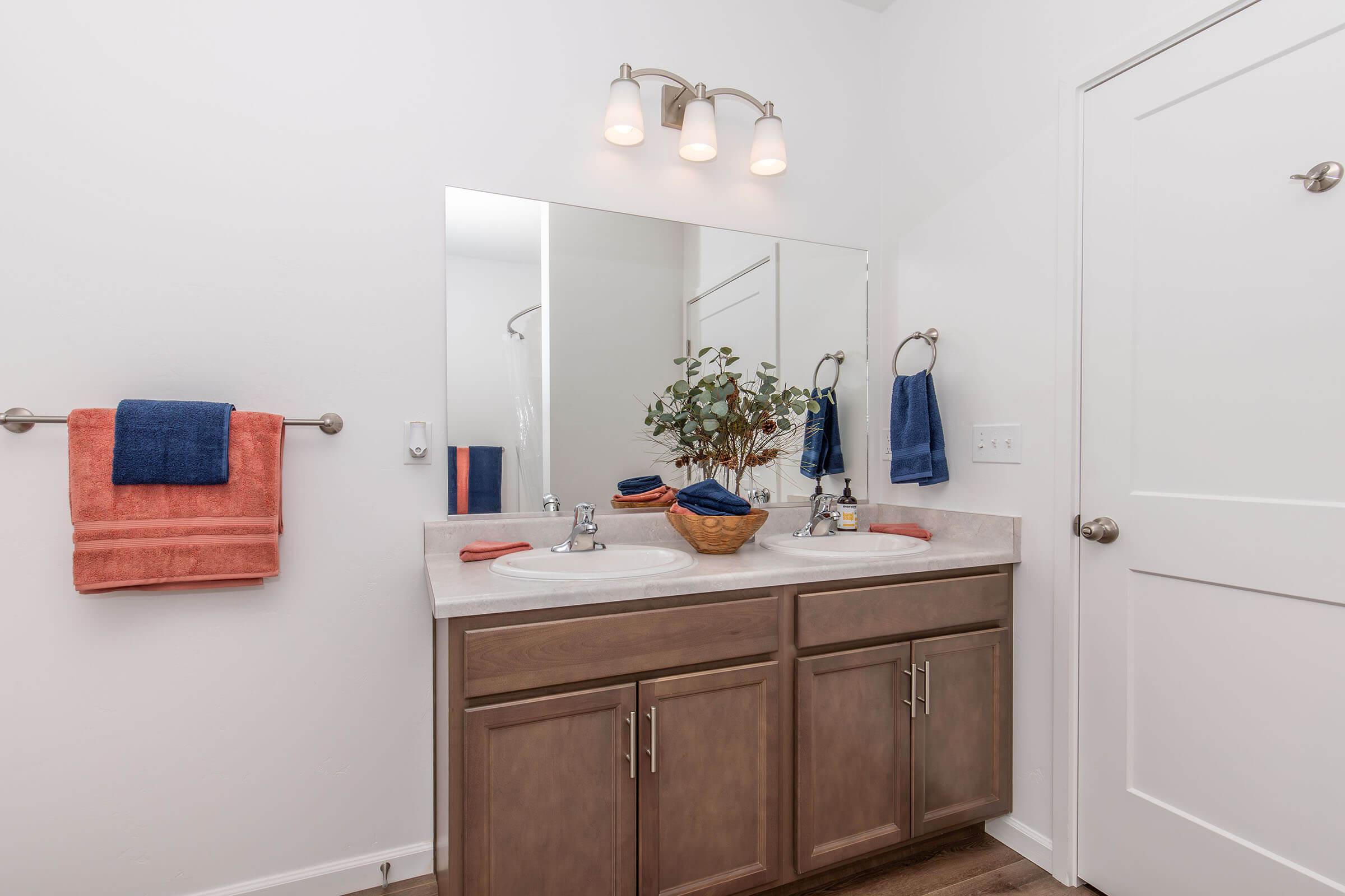 A modern bathroom with a double vanity featuring two sinks. Above the vanity, a large mirror is illuminated by three light fixtures. The countertop has a decorative bowl and a small plant. Nearby, towels hang on bars, with colors including blue and orange. The walls are painted white, and there is a door leading to another area.