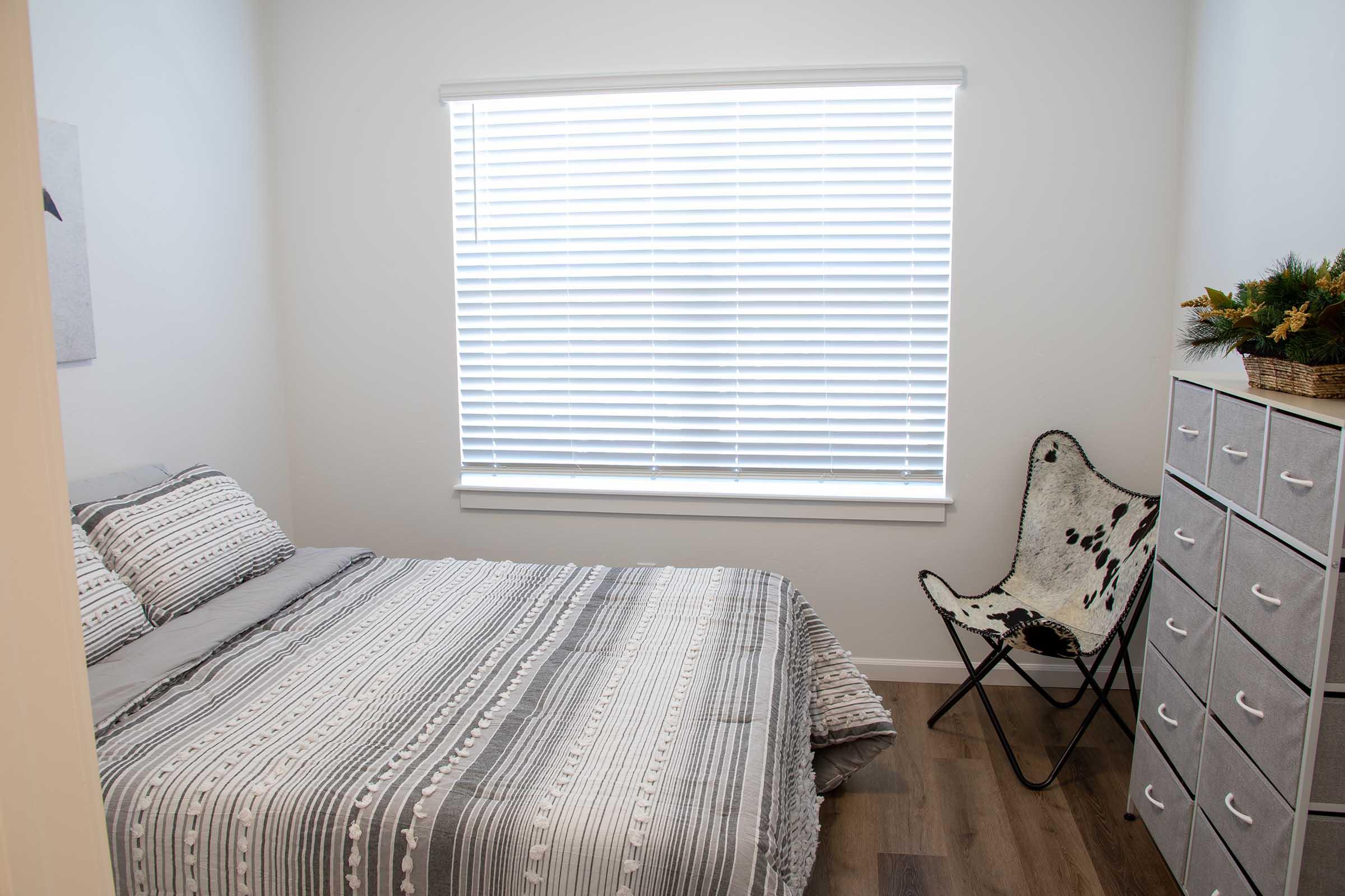 Cozy bedroom with a gray and white striped bedspread, light walls, and a window with white blinds. A butterfly chair is positioned next to a chest of drawers, creating a minimalist and inviting atmosphere. A potted plant adds a touch of greenery to the space.