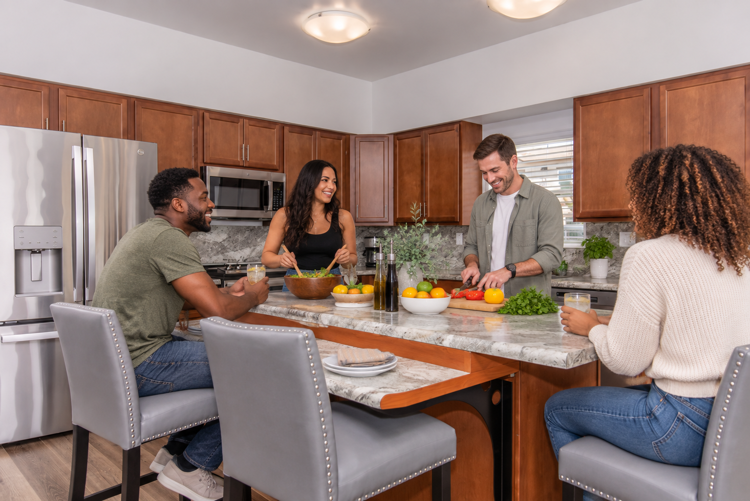 A group of four friends gathers in a modern kitchen. One person is chopping vegetables at the island, while the others sit nearby, enjoying drinks and conversation. Fresh fruits and herbs are displayed on the counter, creating a lively and inviting atmosphere. The kitchen features wooden cabinets and gray countertops.