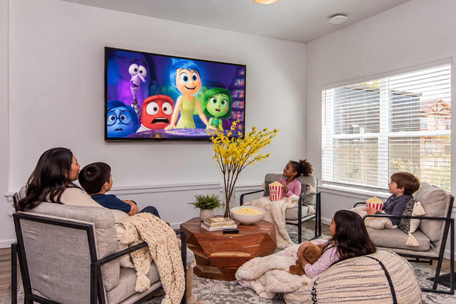 A cozy living room scene featuring a family watching a colorful animated movie on a large TV. Five people are seated on comfortable chairs with blankets, popcorn, and a large coffee table adorned with a flower vase. Bright sunlight streams in through the windows, creating a warm atmosphere.