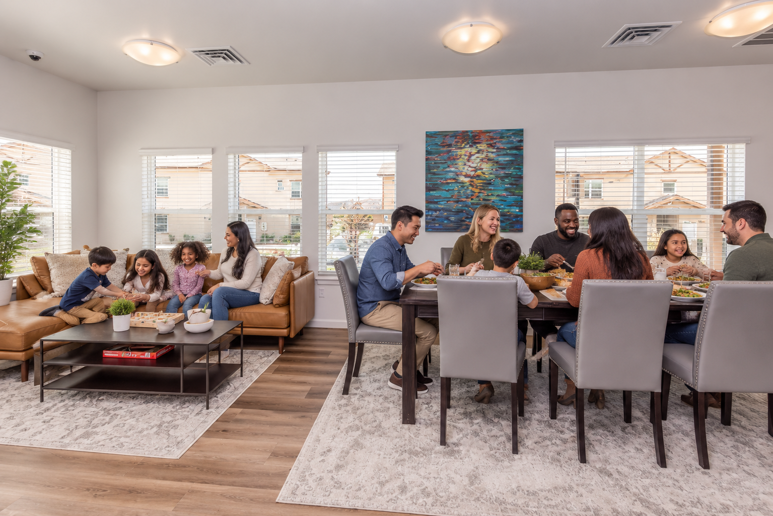 A cozy gathering scene in a modern living space where two groups of people are enjoying a meal. One group is seated at a dining table, while the other is lounging on a sofa. Bright windows let in natural light, and there are decorative plants and artwork in the room, creating a warm atmosphere.