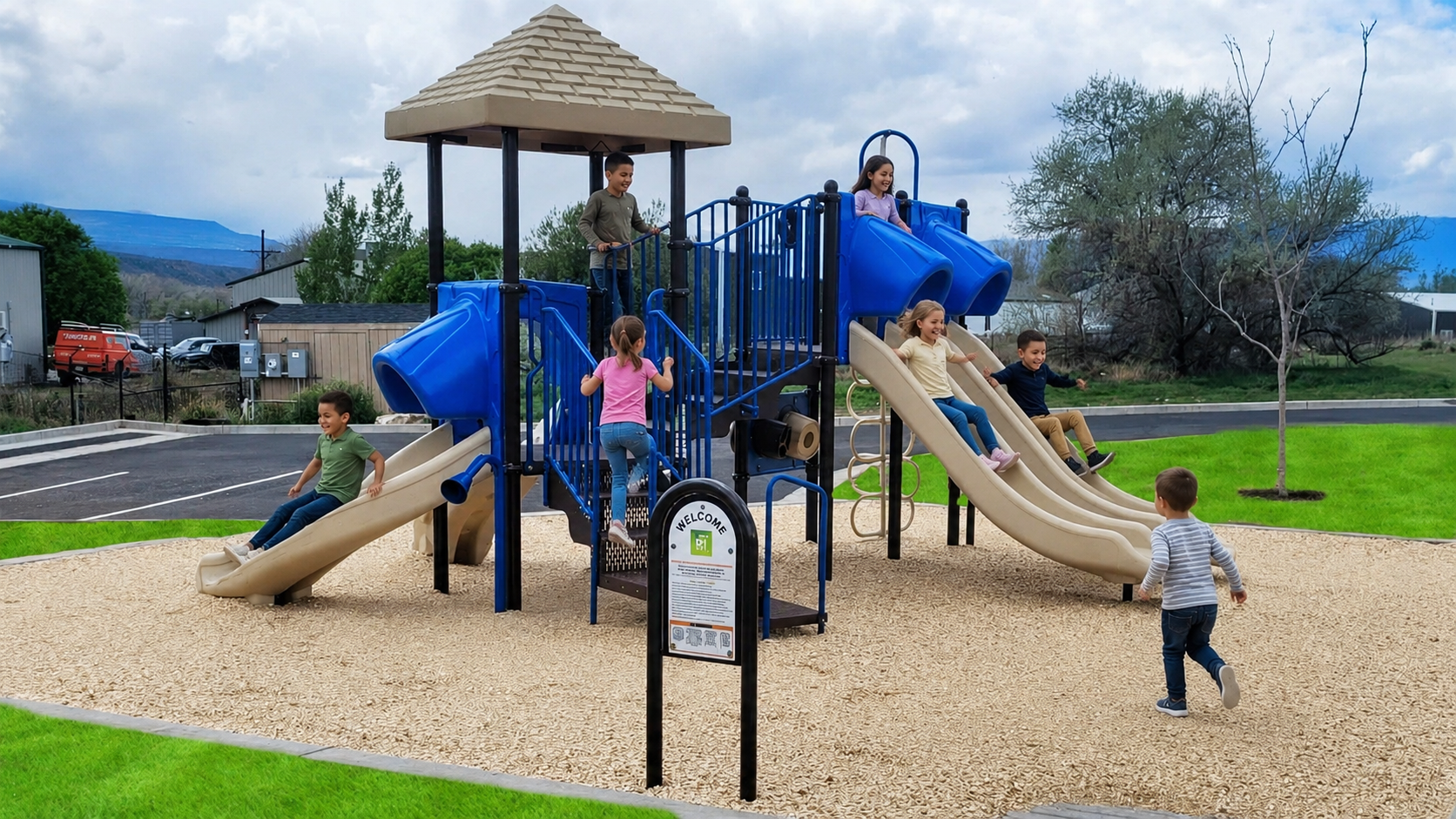 A colorful playground with multiple slides, where several children are playing. Some kids are sliding down, while others are running around or climbing. The playground features a shaded structure and is set on a grassy area with a cloudy sky in the background.