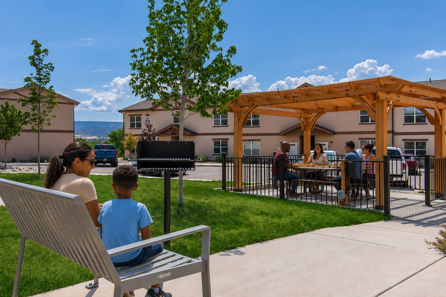A woman and a child sit on a bench in a sunny park, watching a group of people seated at a picnic table under a wooden pergola. In the background, there are residential buildings and a parked car. Lush green grass and trees enhance the outdoor scene, creating a family-friendly atmosphere.