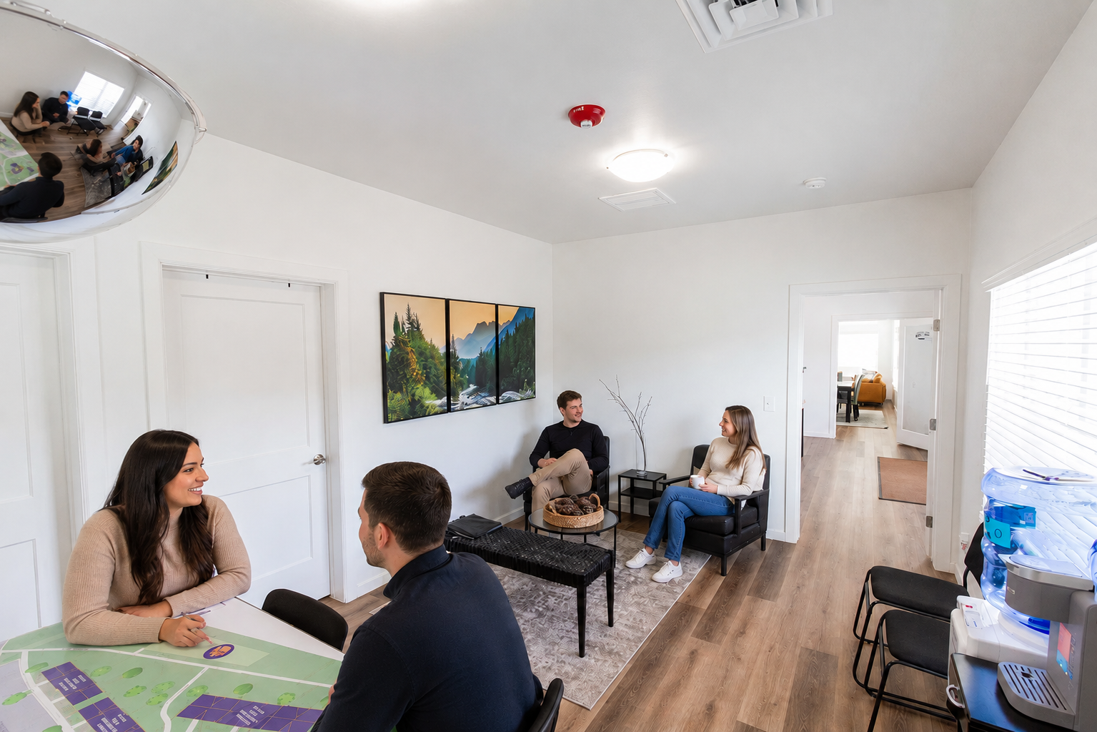 A modern, well-lit lounge area featuring a table with a map, four people engaged in conversation, and minimalist decor. A large landscape painting adorns the wall, and a water cooler is visible in the corner. The space has wood flooring and contemporary furnishings, creating a welcoming atmosphere.