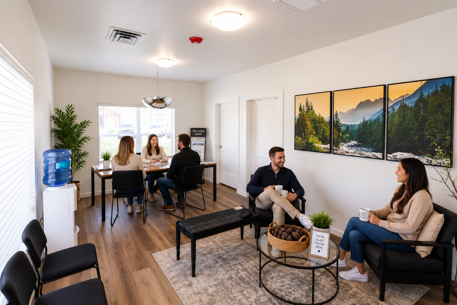 A modern office waiting area with a bright, welcoming atmosphere. Two groups of people engage in conversation while enjoying drinks. One group sits at a table with a mountain landscape artwork on the wall, and the other group sits on a couch, all surrounded by plants and contemporary decor.