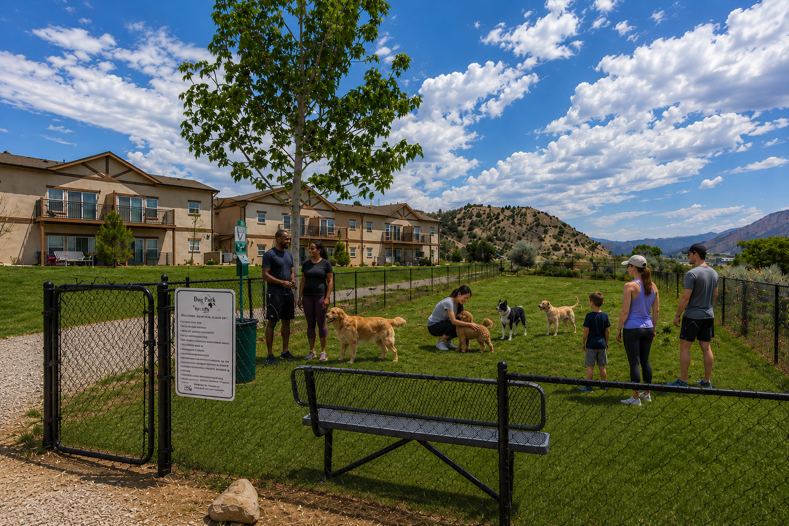 A sunny day at a dog park with several people interacting with their dogs. The park features green grass, a fence, and a couple of trees, with mountains in the background. Some dogs are playing while their owners chat and watch. Nearby, a sign provides information about the park.