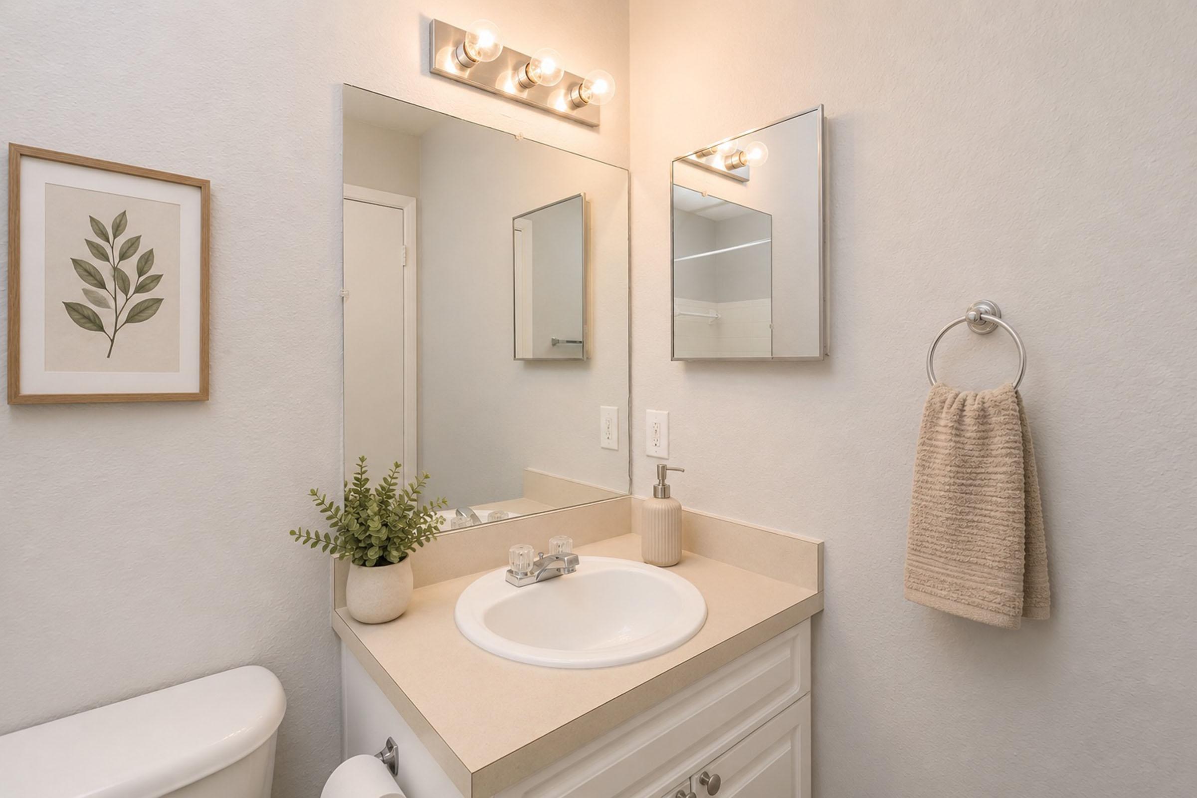 A well-lit bathroom featuring a light fixture above a mirror, a small potted plant on the counter, and a towel hanging on a ring. The sink area is minimalist with neutral tones, and a framed leaf print is displayed on the wall next to the mirror.