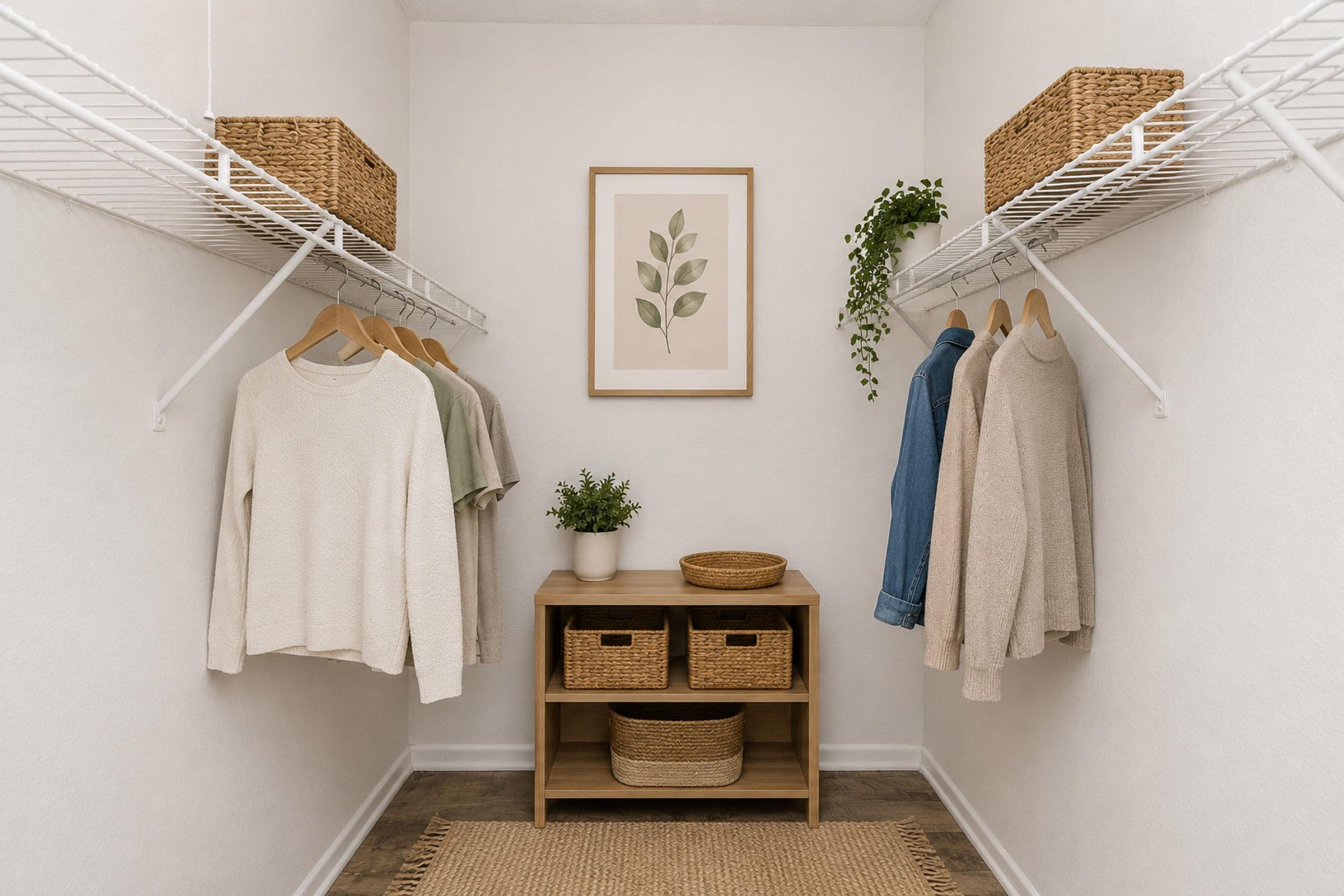 A neatly organized walk-in closet with two hanging racks displaying sweaters in neutral colors. A small wooden table holds a round wicker basket and two storage bins, while a plant adds a touch of greenery. A framed botanical print decorates the wall, enhancing the minimalist and calming aesthetic.