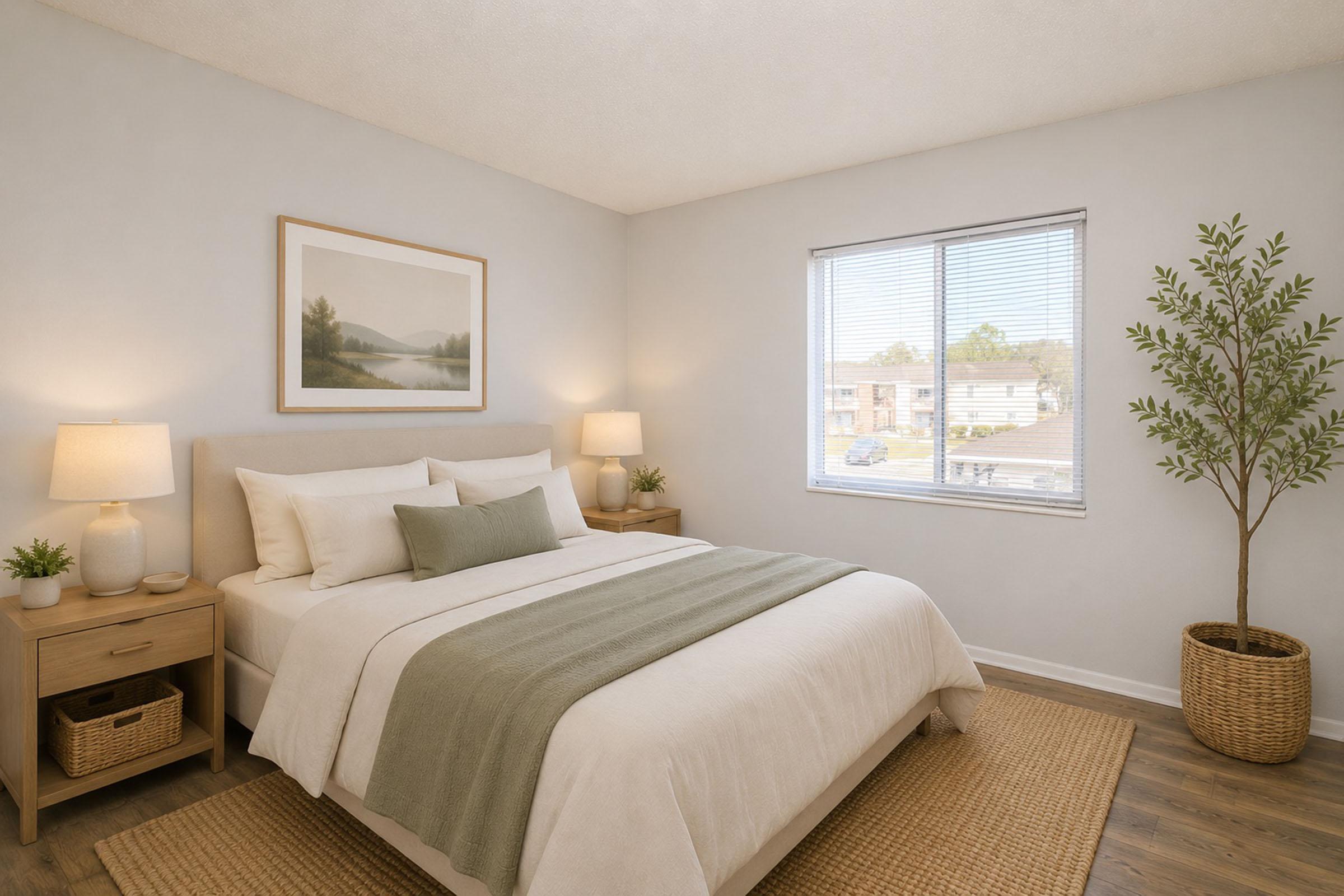 A cozy, modern bedroom featuring a queen-sized bed with white linens and a green throw blanket. There are two bedside tables with lamps, a window letting in natural light, and a potted plant in the corner. A framed landscape painting hangs on the light-colored wall, adding a serene touch to the space.