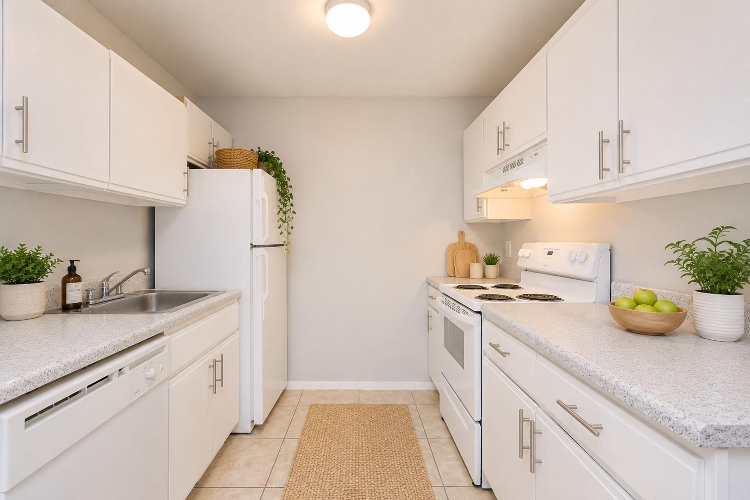 A modern kitchen featuring white cabinets and appliances, a light-colored countertop, and tile flooring. There is a sink on the left, an oven and stovetop on the right, and decorative plants in woven baskets and bowls. A rug runs along the floor, and a bowl of green apples is on the counter.