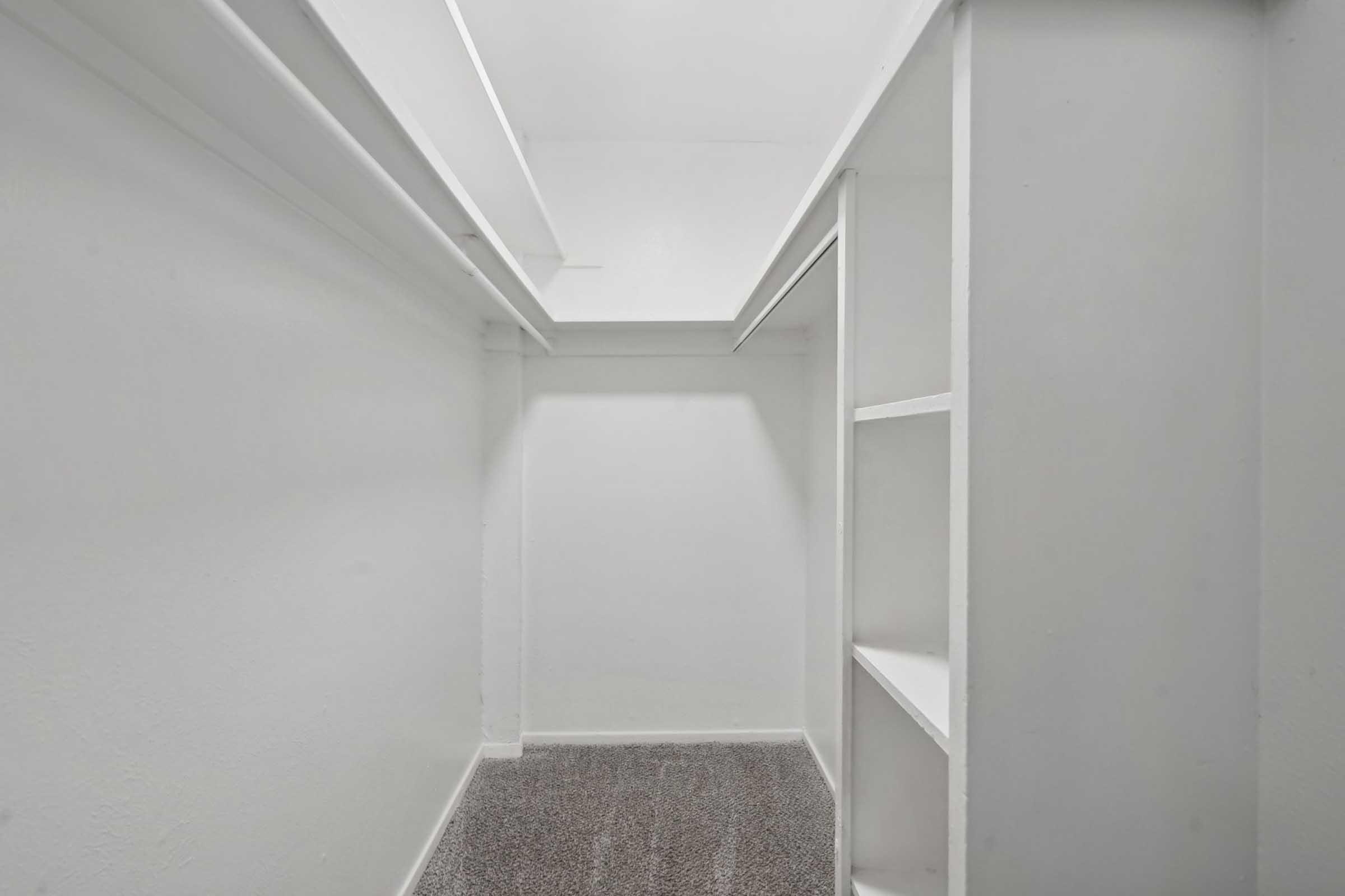 A clean, empty closet with white walls and a light carpeted floor. The closet features a shelf on the left side and ample vertical space above. The overall design is minimalist and well-lit, creating a sense of openness.