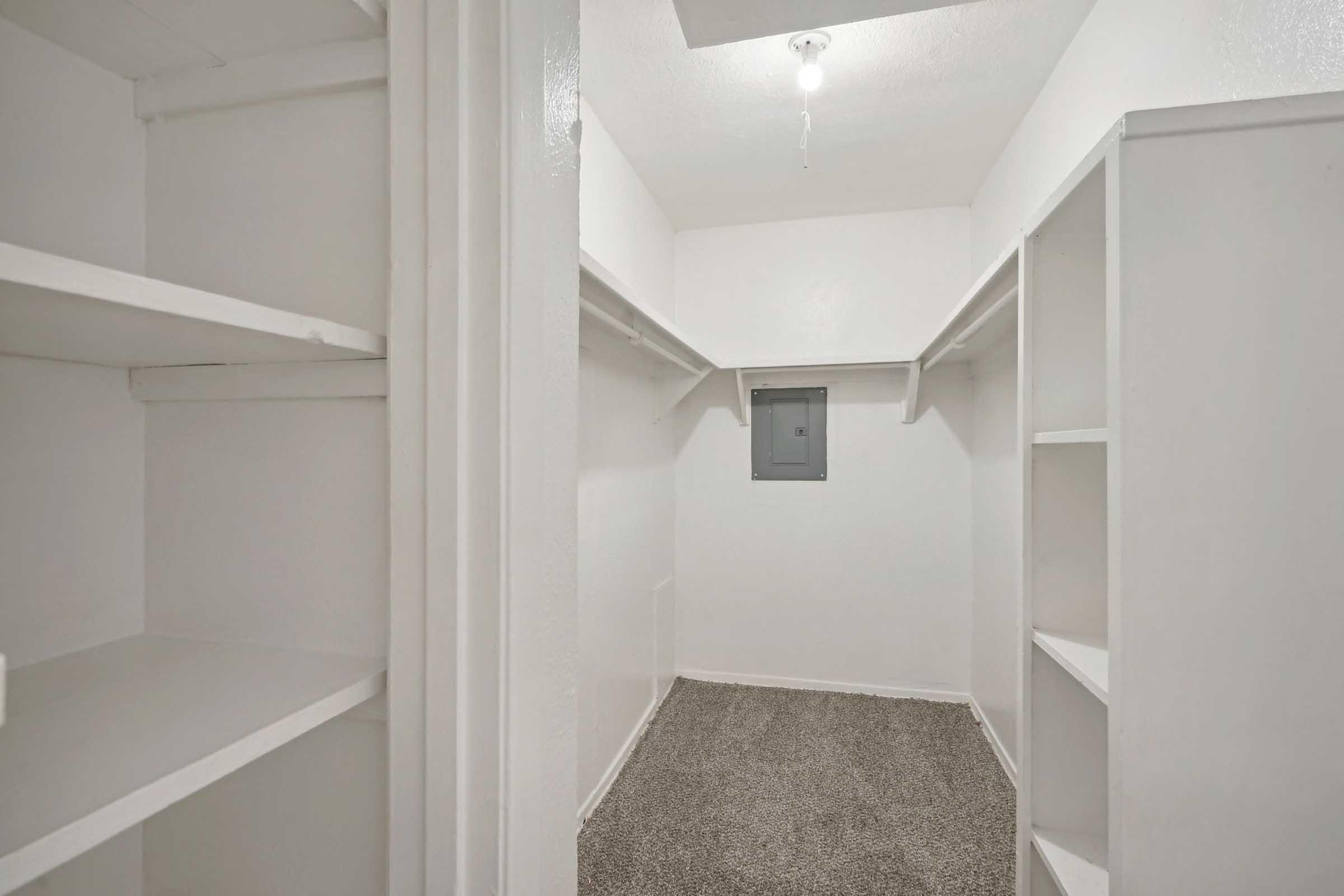 A well-lit, empty walk-in closet featuring white walls and shelves. The space has beige carpet flooring and a small window on the back wall, providing natural light. The shelves on either side offer storage options for clothes or other items.