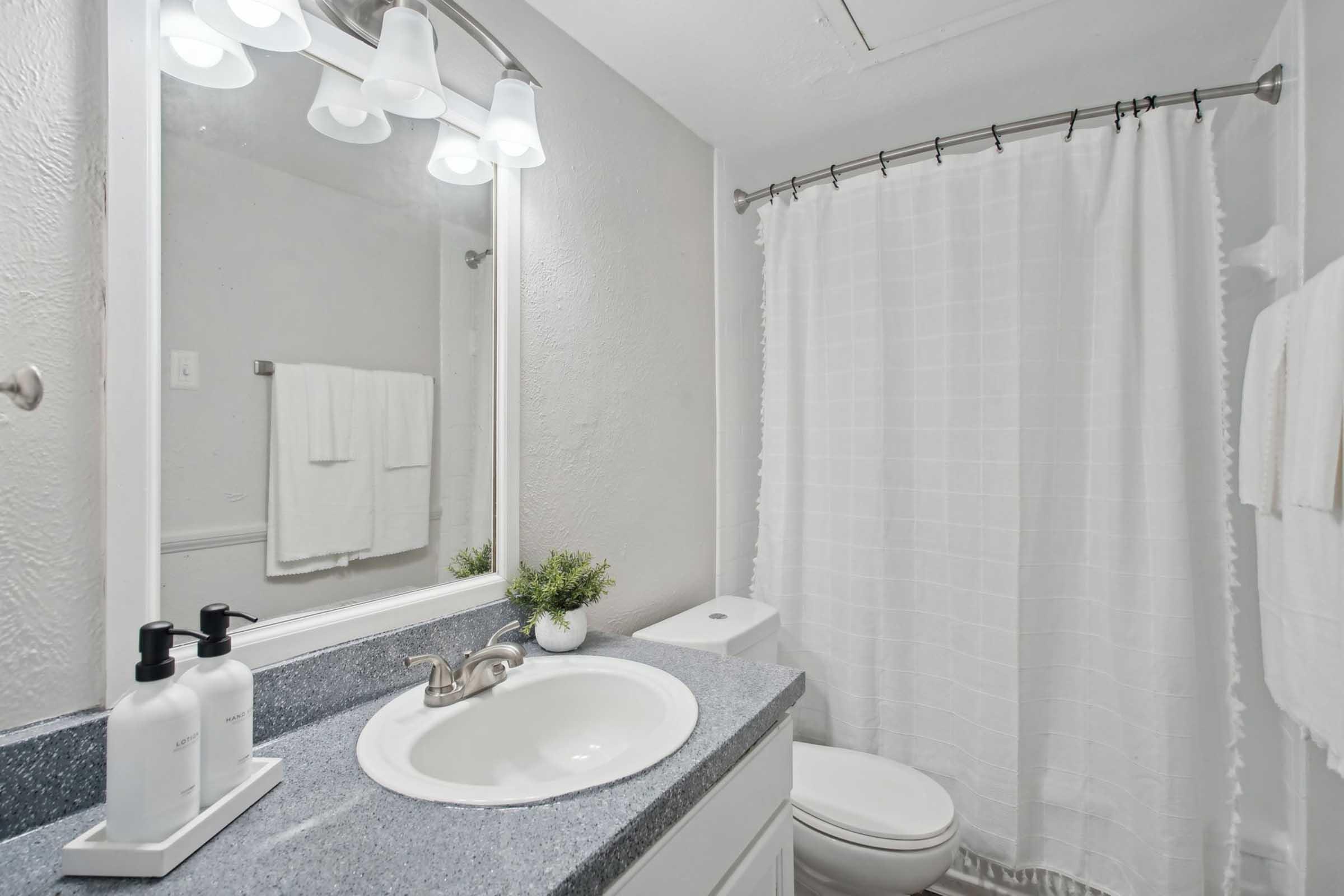 A clean and modern bathroom featuring a white sink with silver fixtures, a large mirror above it, two dispensers of liquid soap, and a towel rack with white towels. The space includes a white shower curtain and a plant on the countertop, with light gray walls and a neutral color scheme.