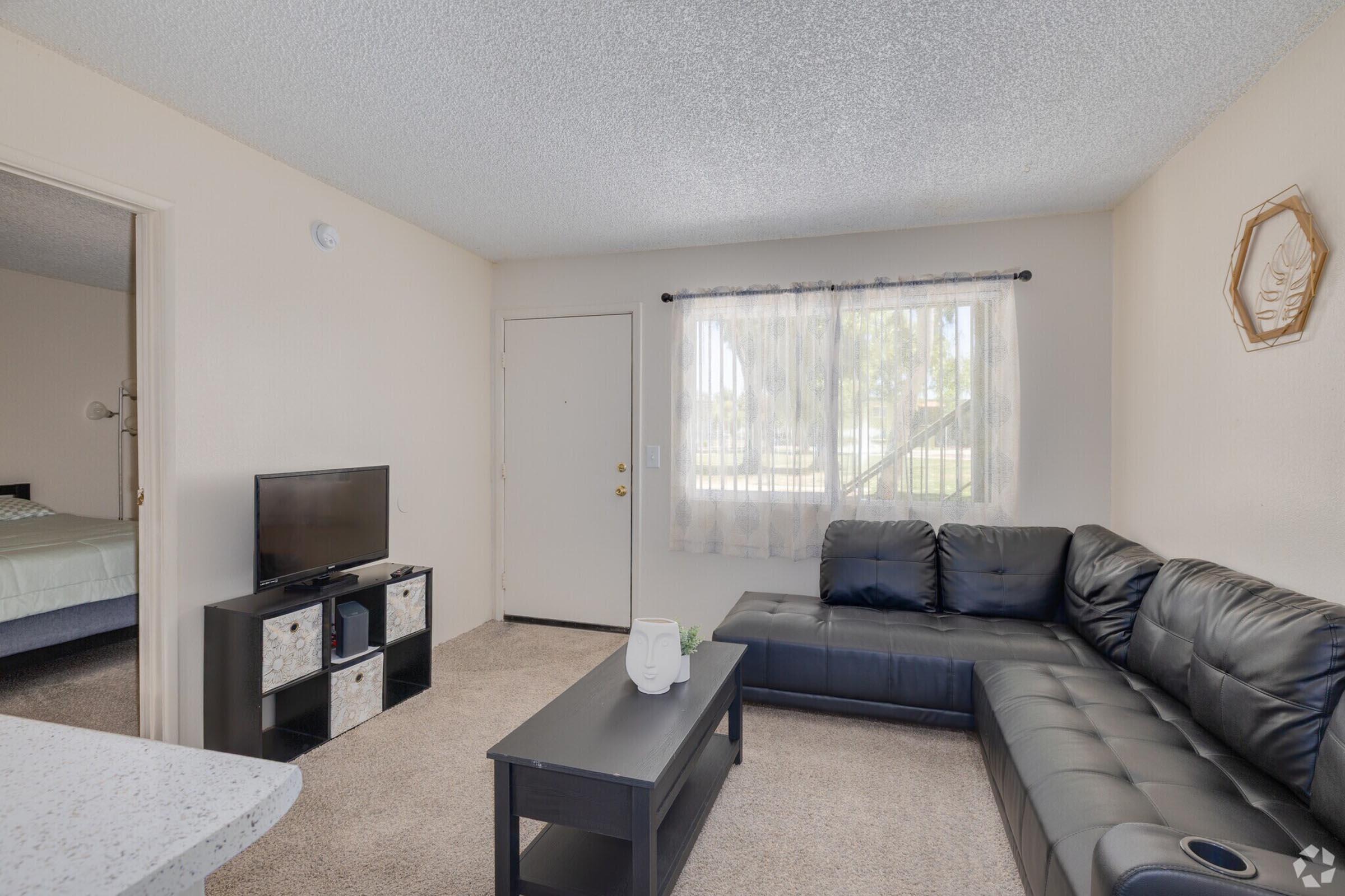 A cozy living room featuring a black sectional sofa, a dark coffee table, and a TV on a stand. The walls are light-colored, with a window covered by sheer curtains allowing natural light. A door leads outside, and there are decorative elements, including a wall hanging. The carpet is light brown.